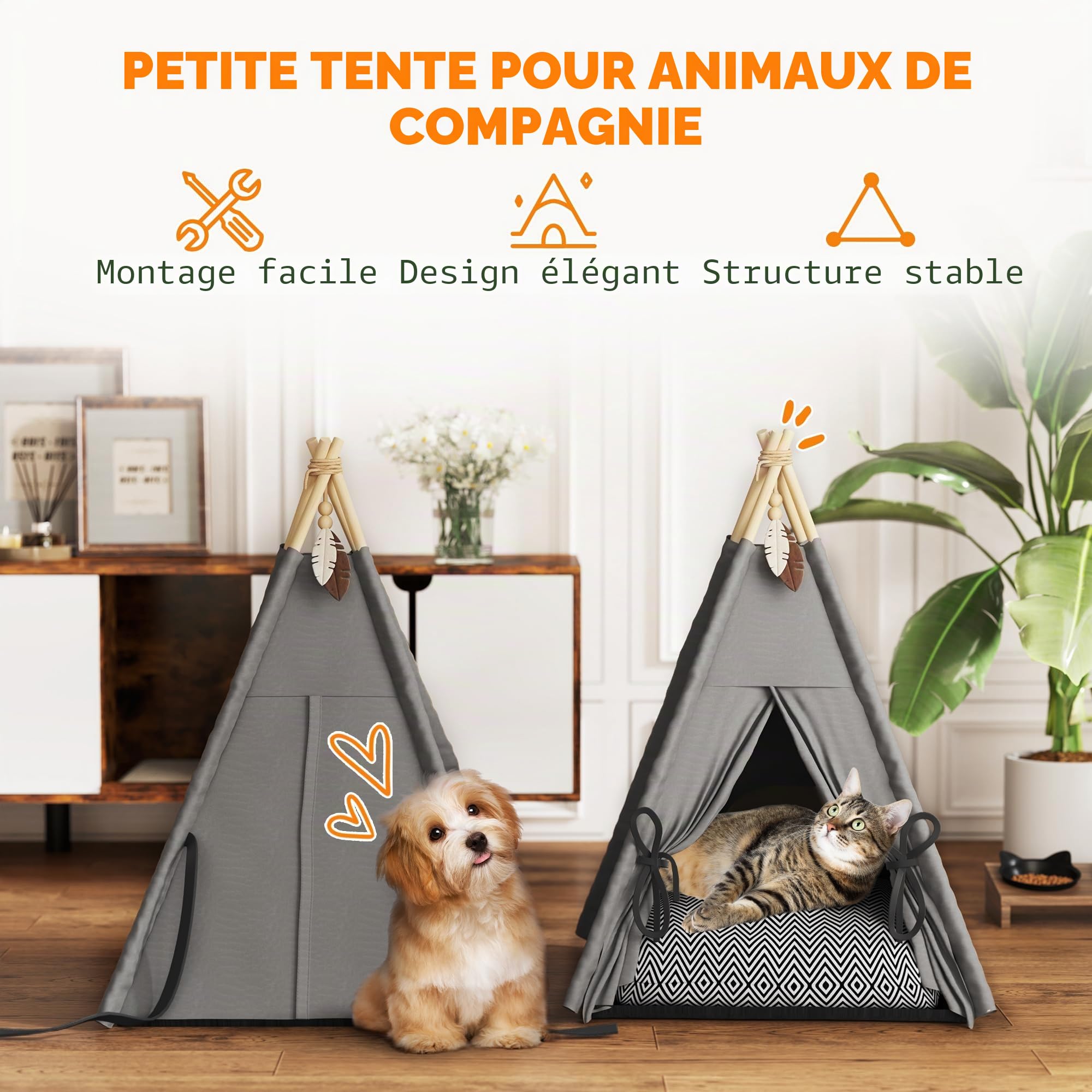 PawHut Tipi Tente pour Chats jusqu'à 5kg 60x60x76cm Gris | Tente chat avec coussin amovible lavable, fond antidérapant, balle, pour mini chiens