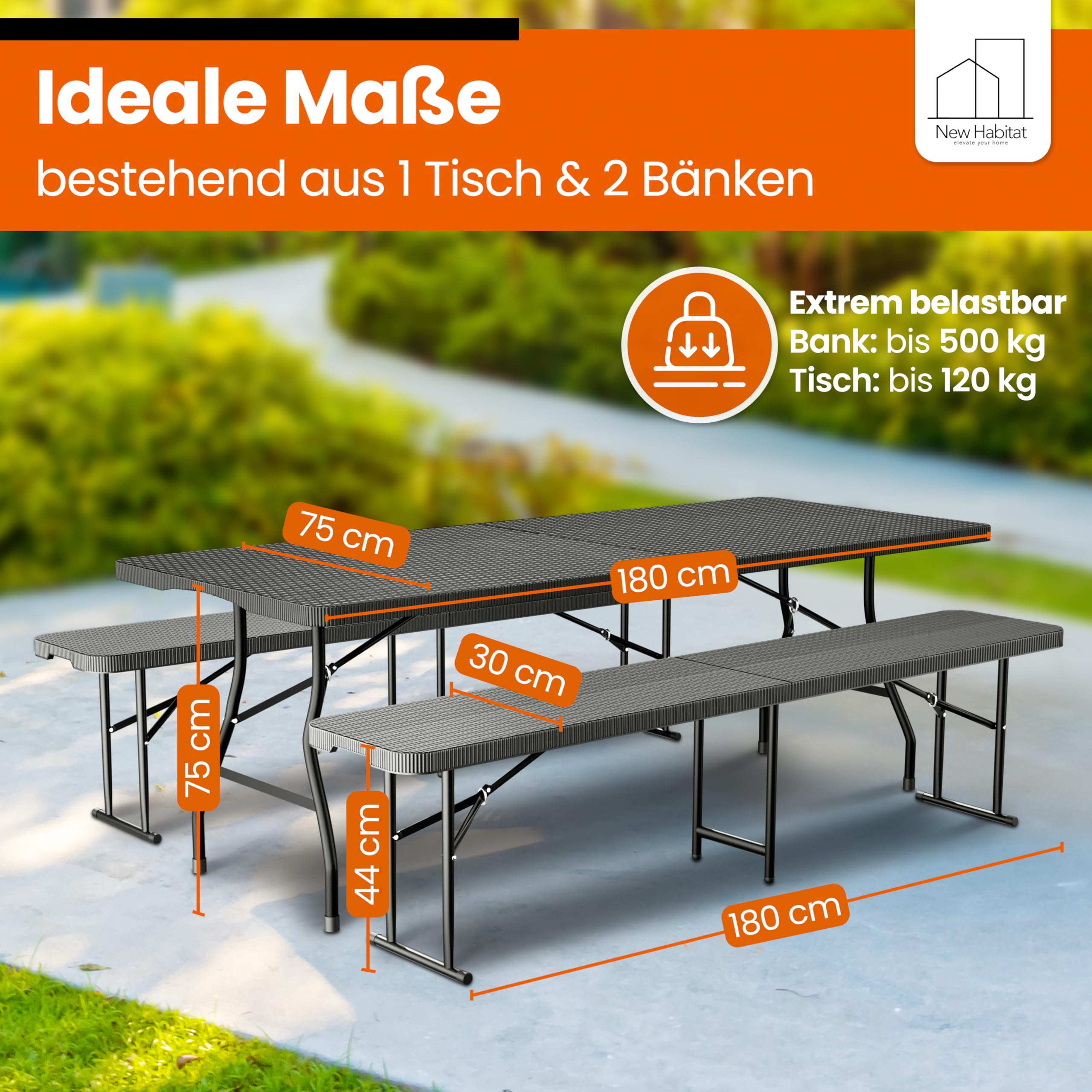 NewHabitat Kunststoff Bierzeltgarnitur Klappbar I 3er Set, Tisch + 2 x Bank mit Tragegriffe, Biertischgarnitur, Festzeltgarnitur, Bierbank klappbar, HxBxT: 75x180x75 cm (Schwarz)