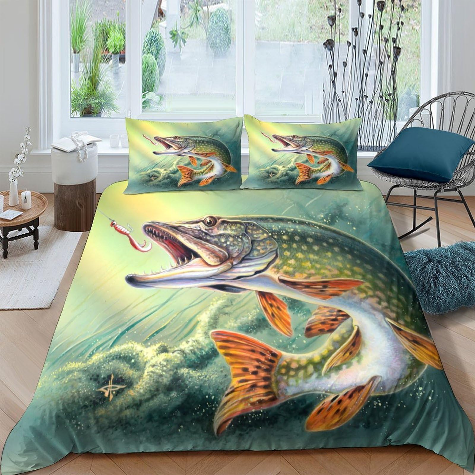 Ctjqhvkz Style-2 3D Printed Lively Pike Fish Fitted Sheet Microfiber Soft Green River Scene Bed Cover For Bedroom Guest Room Decor Single（135X200cm）
