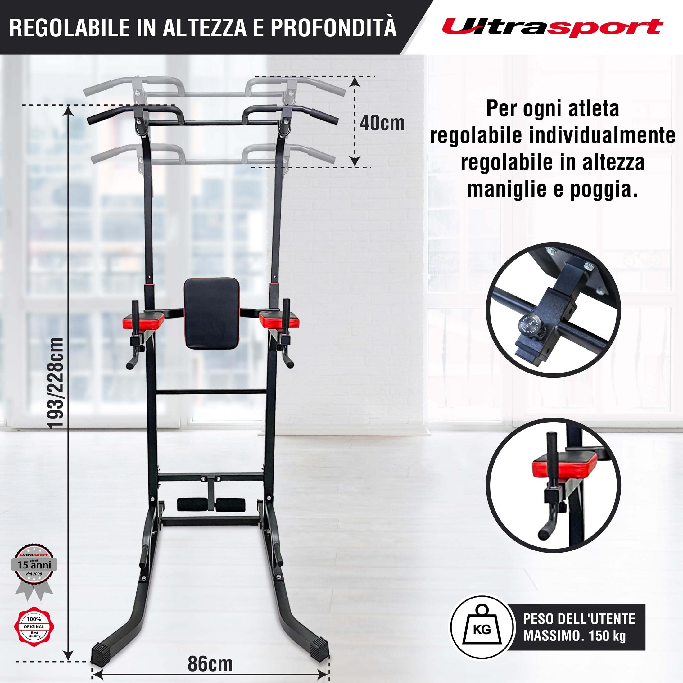 Ultrasport Power Tower, stazione per pull-up e dip, torre fitness, regolabile in altezza, home gym, torre di forza, regolabile fino a 150 kg di peso dell'utente