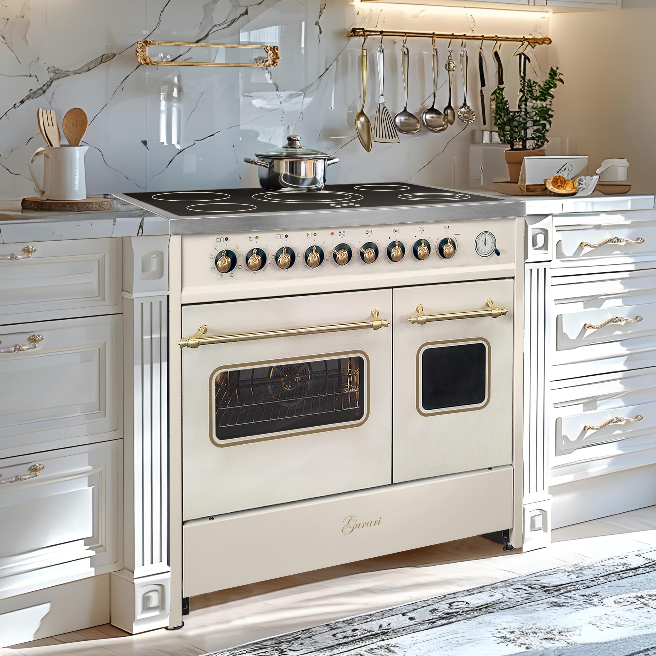 GURARI Electric kitchen GCH E 912 DF Cr Retro Kitchen 90 cm Free Installation in Creams Vintage Design with double oven and 5-zone glass-ceramic hob, energy class A