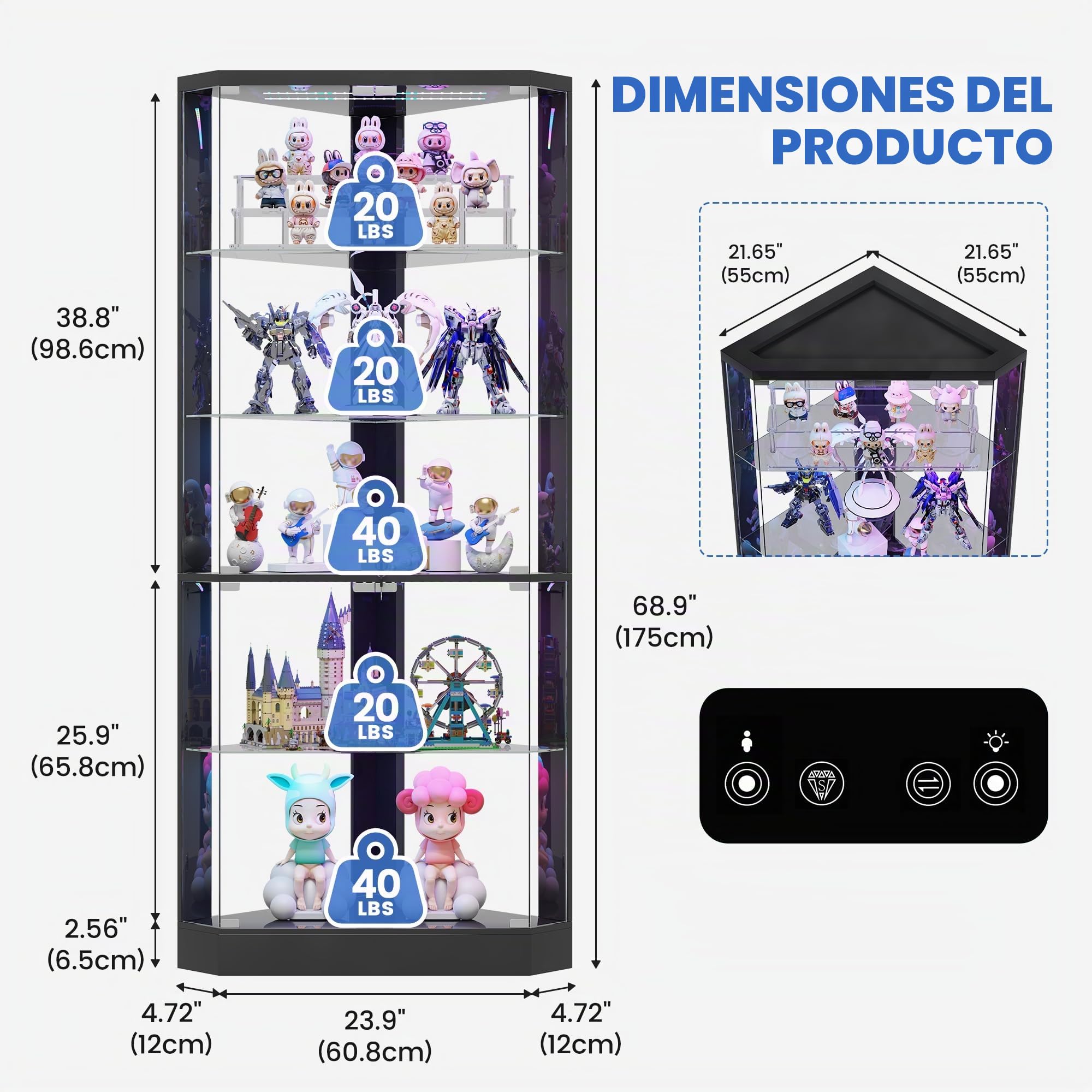 Lvifur Vitrina esquinera de 5 Niveles con Sensor de Presencia y Puertas de Cristal para Dormitorio/Estudio, Vitrina de Cristal de 175 cm con iluminación LED para coleccionistas y Sala de Estar,Negro