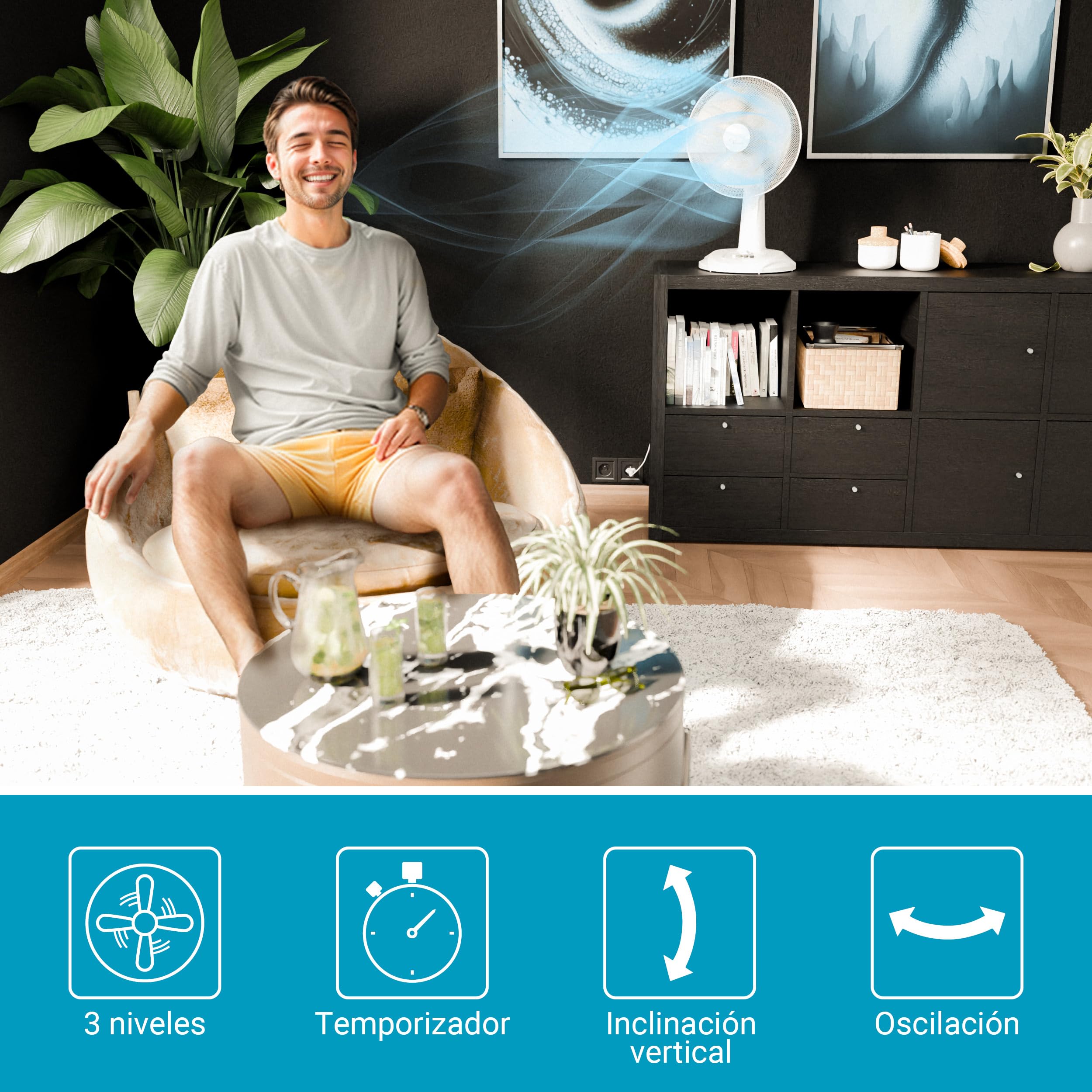 SUNTEC ventilador de sobremesa CoolBreeze 3.000 TV [30 cm Ø aspas, 3 velocidades, oscilante, temporizador de 2 h, 40 W]