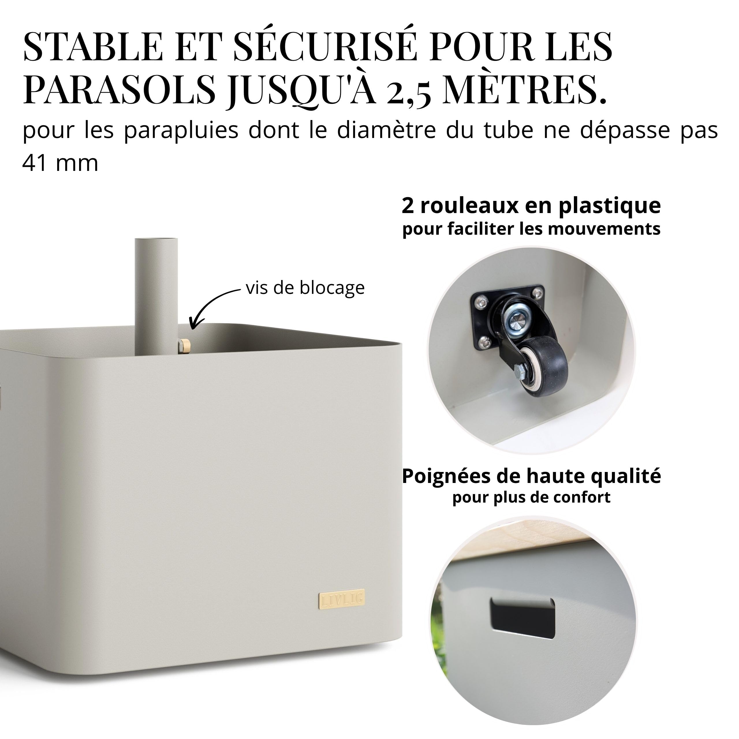 Livlig53 LIVLIG Pied de parasol avec roulettes – Support de parasol 2 en 1 transportable, pot de fleurs et protection solaire, 100 % acier inoxydable, rechargeable jusqu'à 39 l, pour parasols jusqu'à