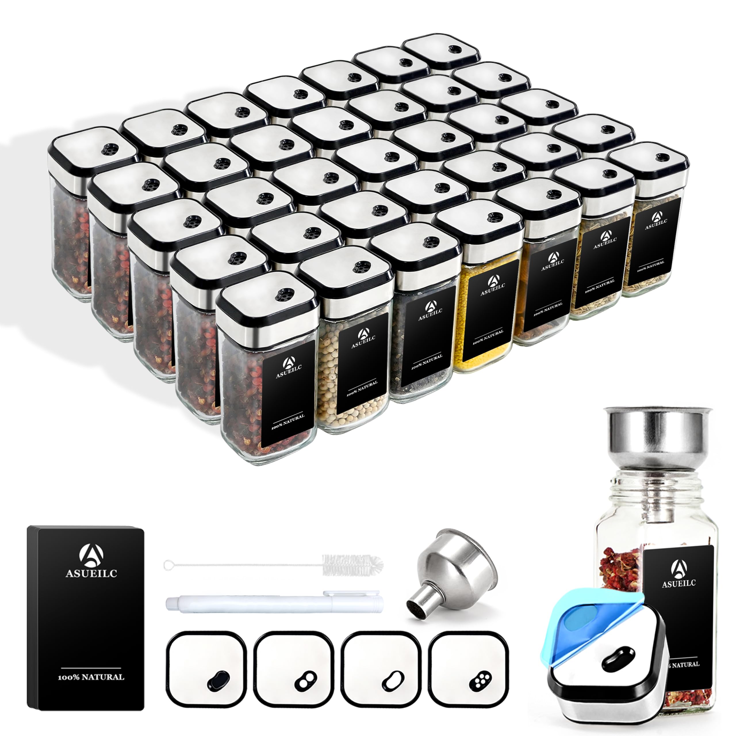SAEIV Lot de 35 pots à épices carrés de 120 ml | Insert à saupoudrer à 3 niveaux (trois calibres) | Boîtes à épices avec couvercle rotatif et étiquettes | Organiseur à épices en verre hermétique |