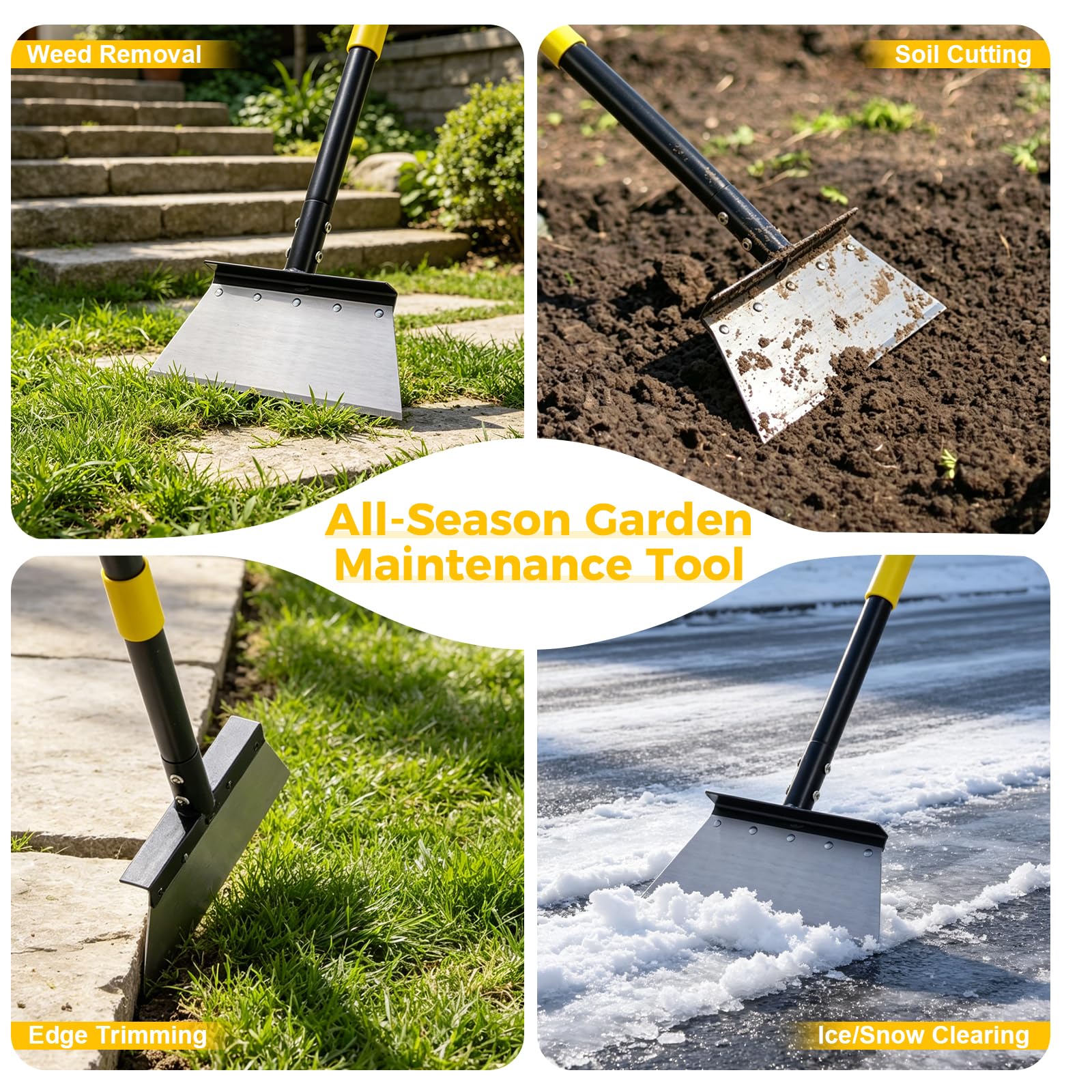 Pala plana de jardín, rascador de suelo de 60 pulgadas, pala de limpieza multifuncional resistente con mango largo ajustable, rascador de suelo de metal para desmalezar, raspar, quitar hielo y