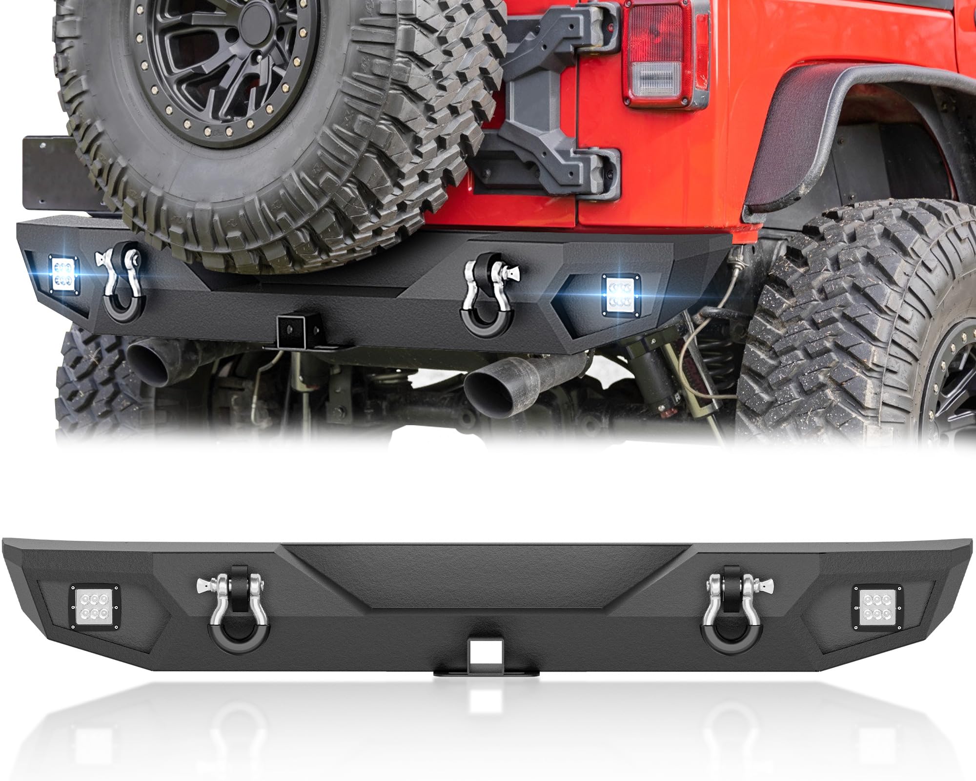 YZONA for Jeep Wrangler JK JKU Rear Bumper Compatible with 2007 2008 2009 2010 2011 2012 2013 2014 2015 2016 2017 2018 Jeep Wrangler JK JKU Unlimited with 2 x LED Lights, D-Rings &amp; 2" Hitch Receiver