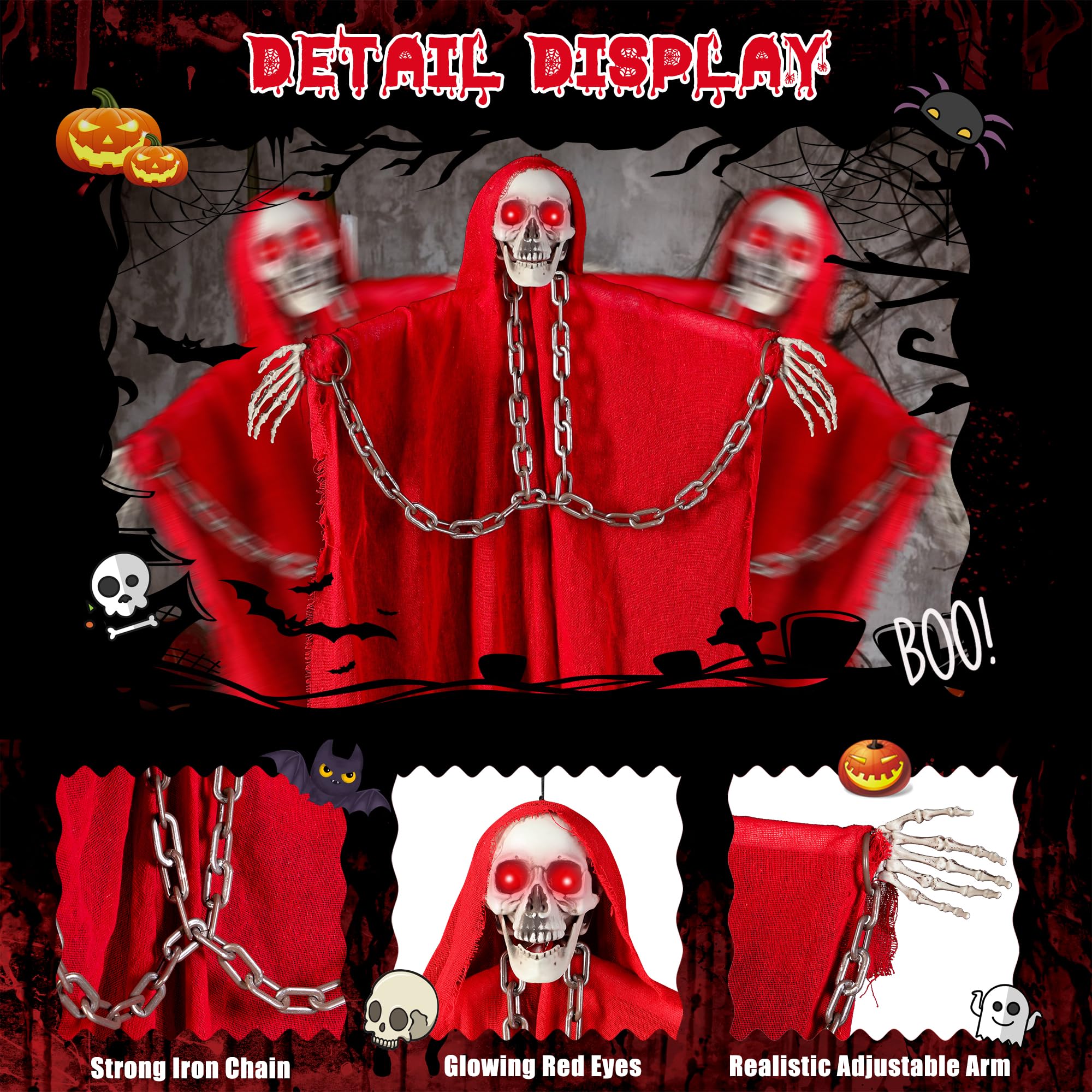 HIEMAO Halloween Decorations Outdoor Animated Hanging Ghost Skull with Flashing Eyes Creepy, Voice Activated Scary and Chain for Outside Indoor Haunted House Prop Decor Party - Red