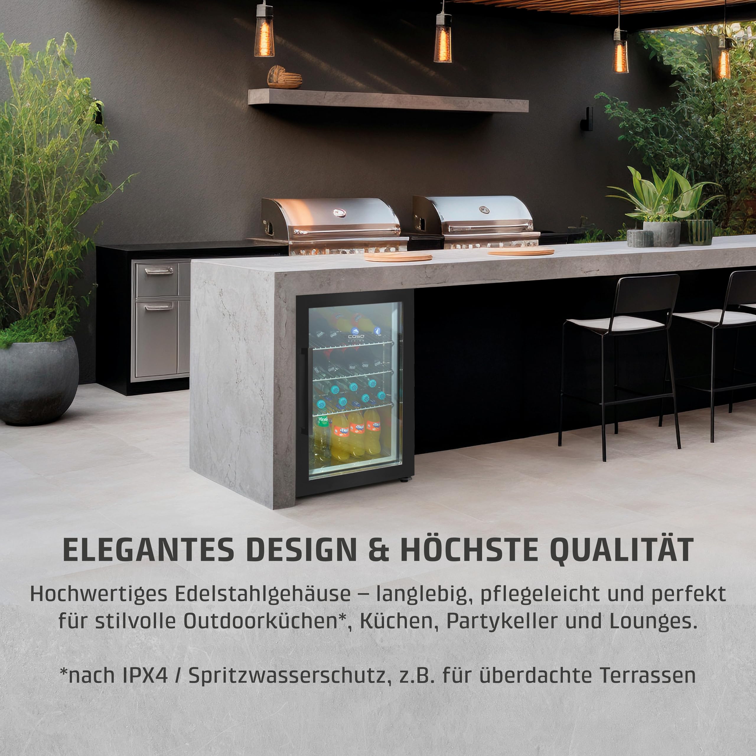 Caso BBQ Cooler S-R Black Kühlschrank 63L Türanschlag rechts Temperatur -1-10°C IPX4 Spritzwasserschutz UV Sicherheitsglas abschließbar