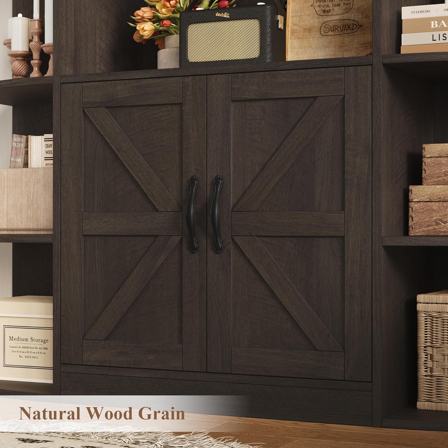 Close-up view of the cabinet doors with natural wood grain texture.