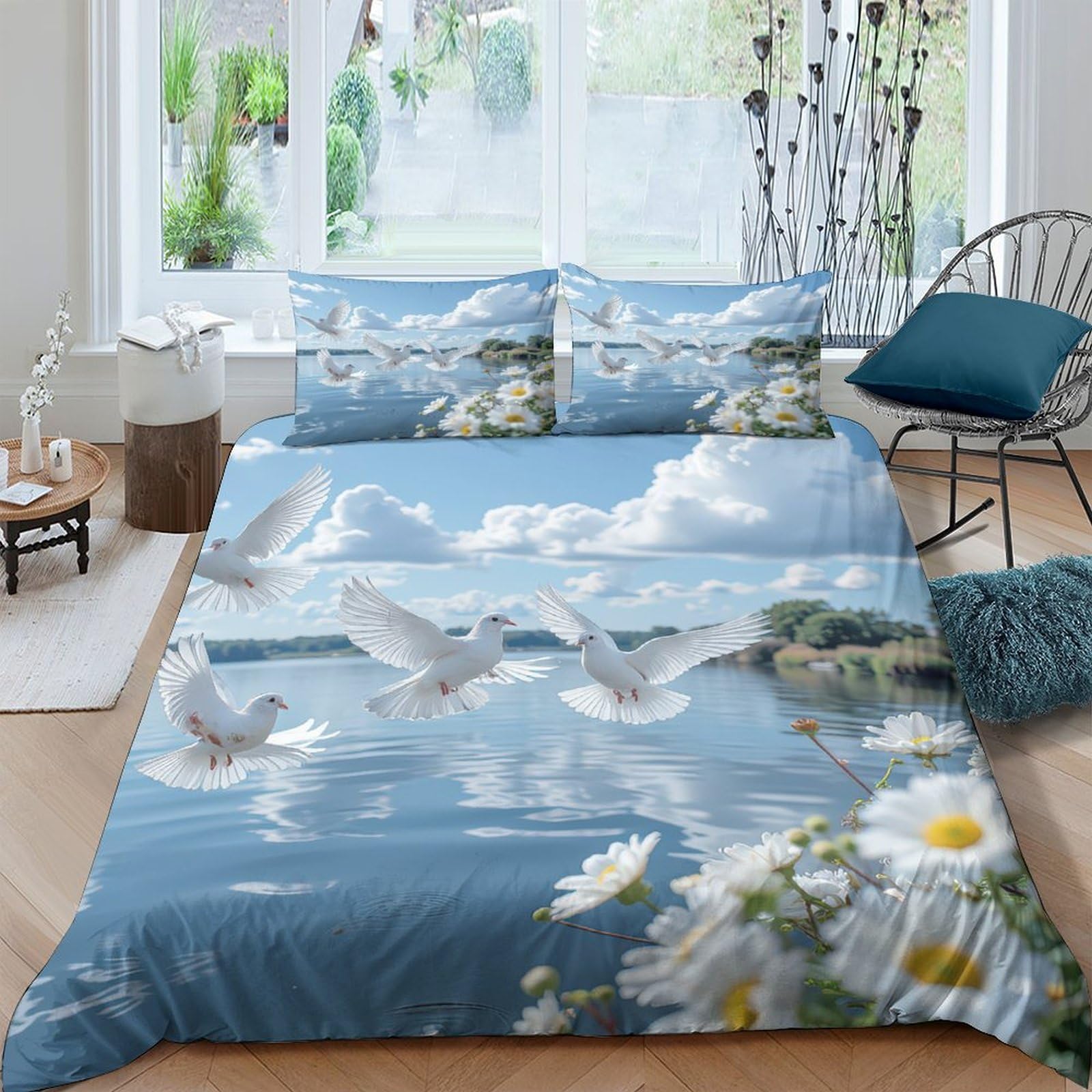 Ctjqhvkz Style-9 3D Printed Sky Cloud Dove Fitted Sheet Microfiber Soft Lake Daisy Bed Cover For Bedroom Guest Room Decor Single（135X200cm）