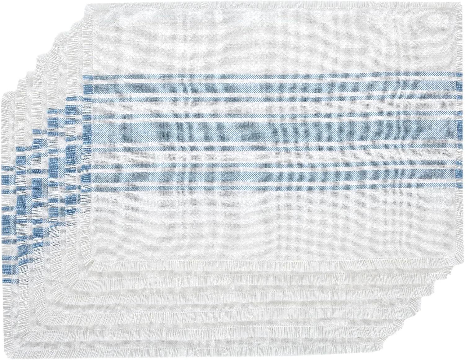 VHC Brands Antique White Stripe Farmhouse 13"x19" Placemat Set of 6 Blue Recycled Plastic (PET) Striped Water-Resistant Oval Kitchen Table Decor
