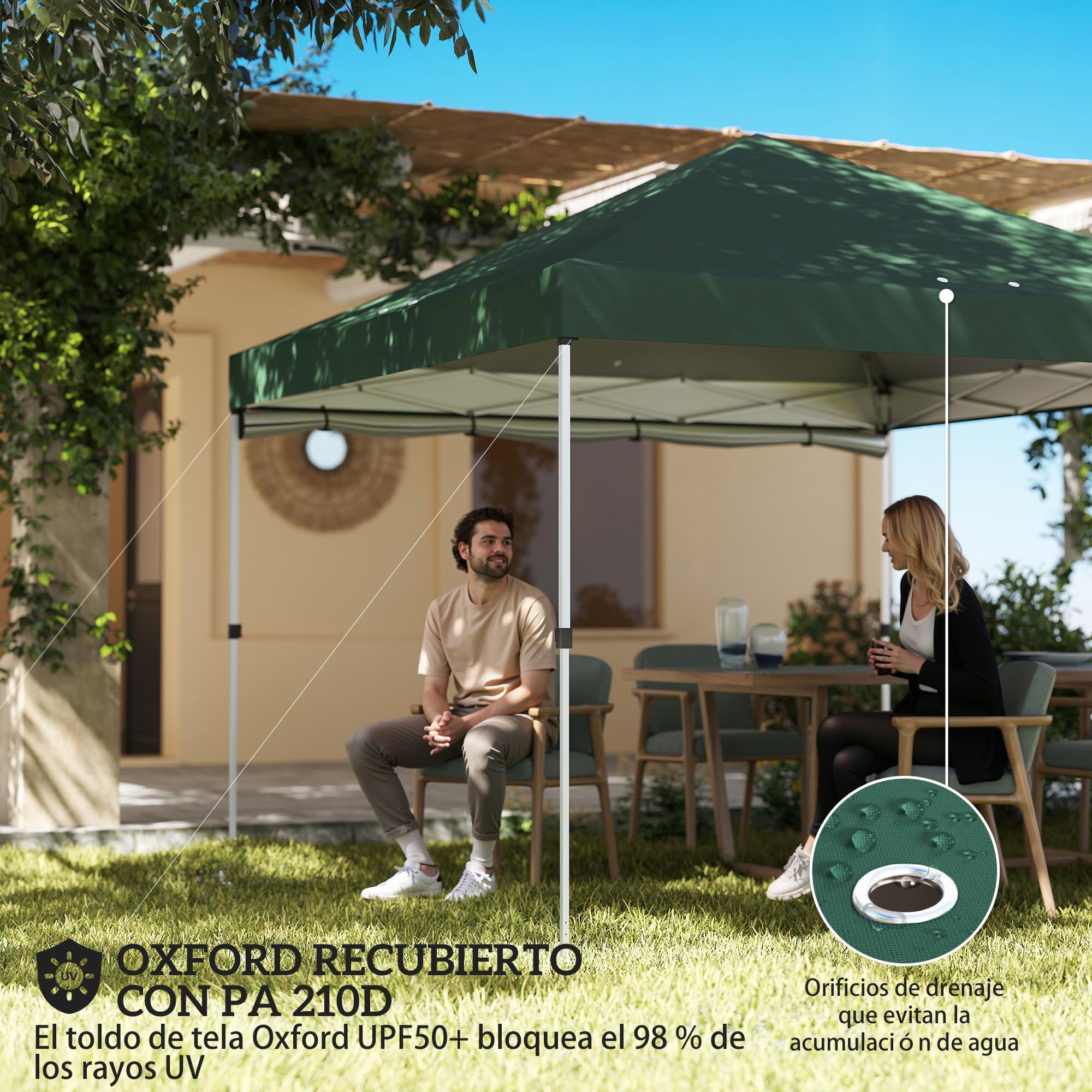 Outsunny Carpa Plegable 3x3 m, Pop-up, con Pared Lateral, Cenador de Jardín con Protección UPF50+, Empuje Central, Altura Ajustable, Bolsa de Transporte, Gazebo para Camping, Exterior, Verde