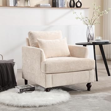 Mid Century Modern Chenille Armchair, Tufted Club Chair with Studded Detail for Living Room, Accent Lounge Chair, Solid Wood Frame, Comfortable Reading Chair for Bedroom, Office, Study Beige