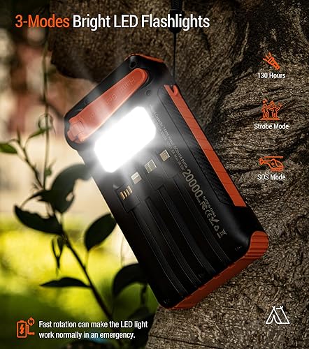 Miniatura 4 de Banco de energía solar de 20000 mAh con manivela de mano integrada y 4 cables de carga rápida de 22.5 W, 5 salidas y 5 entradas, cargador portátil