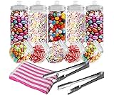 HEFTMAN 10 Retro Plastic Sweet Jars - Empty Sweet Jars With Lids, Vintage Victorian Style Sweets Jar Set, Pick & Mix Candy Buffet Kit for Parties With 2 Tongs & 50 Pink Candy Stripe Paper Bags
