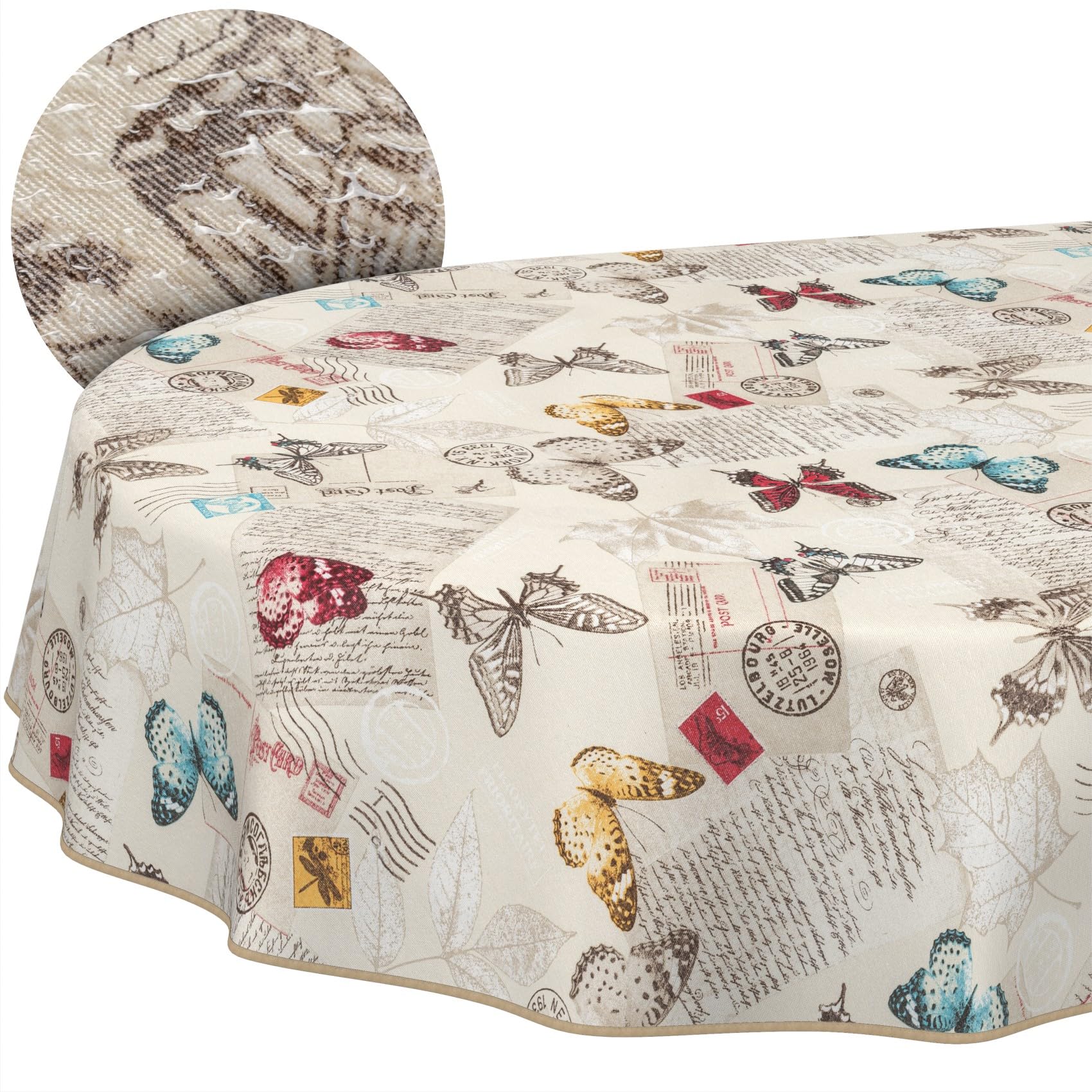 ANRO Tischdecke abwaschbar Schmetterlinge mit Saum oval 220x140 cm