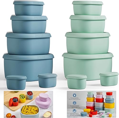 Miniatura 1 de ISSEVE Juego de 12 recipientes de silicona para almacenamiento de alimentos con tapas, sin BPA, reutilizables, recipientes de silicona herméticos,