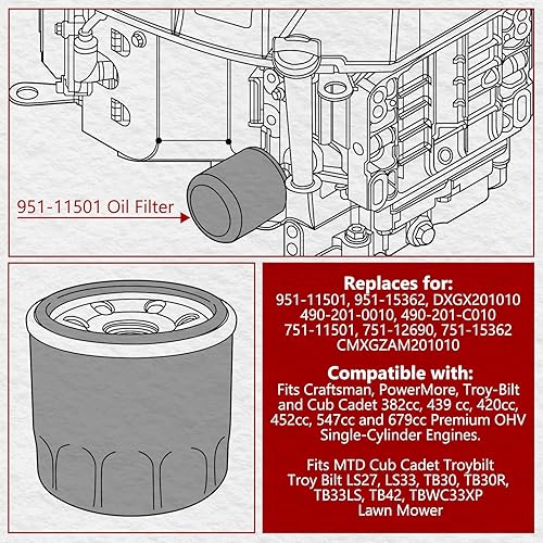 Miniatura 3 de 951-11501 Filtro de aceite para MTD Cub Cadet Troybilt 951-15362 751-15362 951-12690 Se adapta a cortacésped LS27 LS33 TB30 TB30R TB33LS TB42