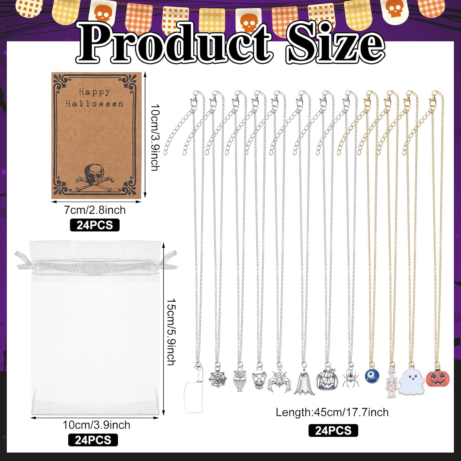 Quelay 24 Sets Halloween Necklaces Spider Pumpkin Ghost Skull Skeleton Pendants Necklace with Wish Card Organza Bags for Women Halloween Costume Party Jewelry Gifts