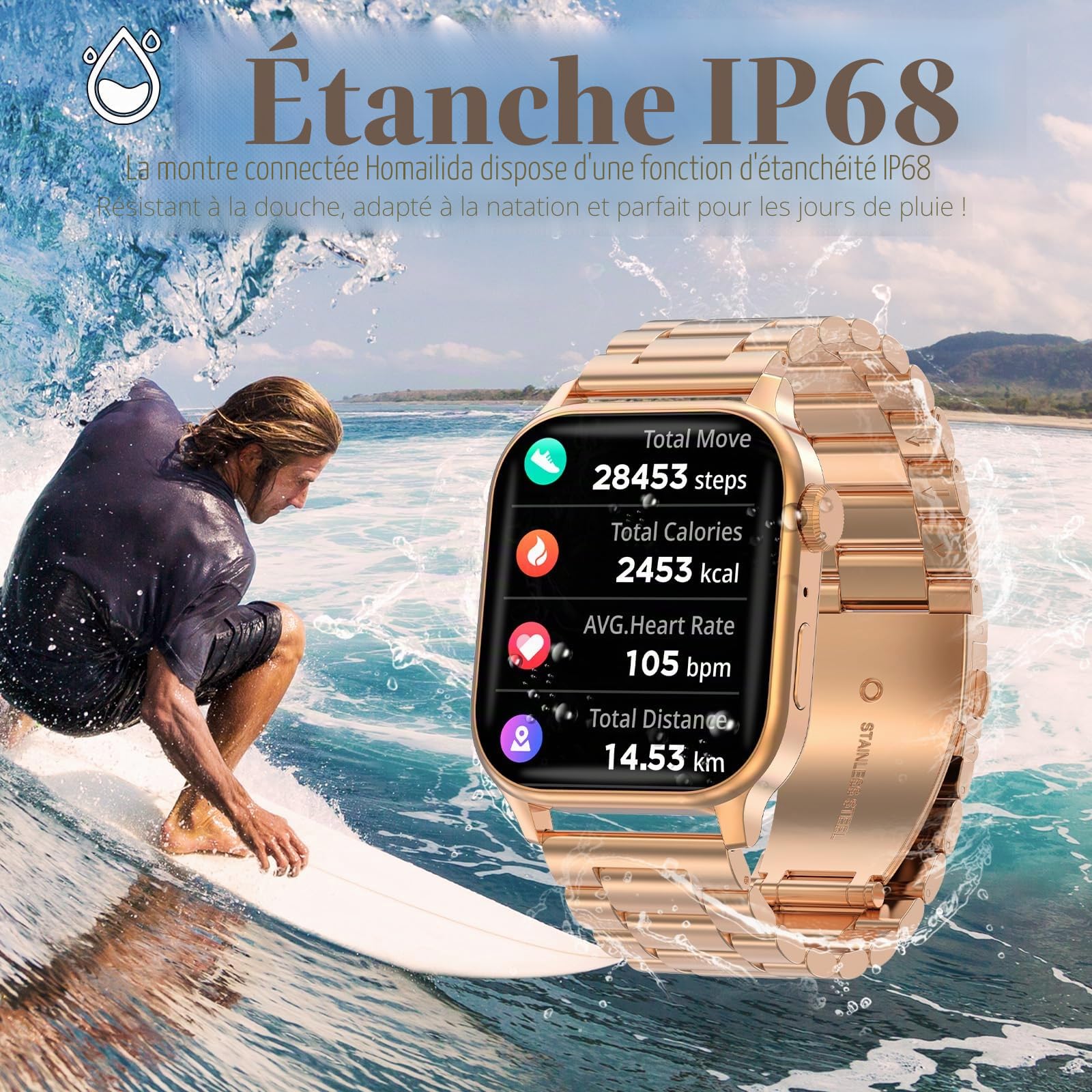 Montre Connectée Homme Femme, avec 2 Bracelets Réglables, la Fonction D'appel et L'assistant Vocal, 100+ Modes Sportifs, Smartwatch, Compatible avec Android et iOS, Dorée