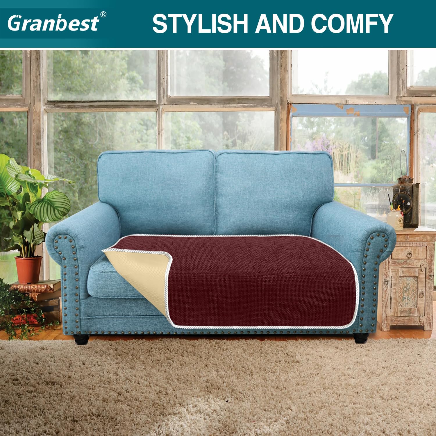 Granbest Non-Slip Sofa Seat Covers 2 Seater Thick Sofa Cover Sofa Protectors from Pets Universal for All Seasons (2 Seater, Wine Red) - Image 2
