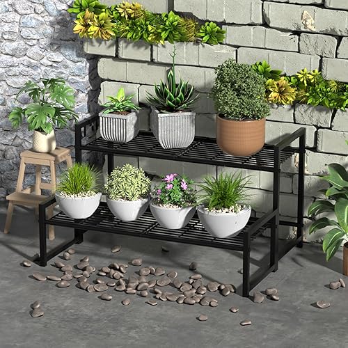 Miniatura 7 de Garden 4 you Soporte de metal de 2 niveles para plantas al aire libre e interior, impermeable, apilable, resistente, estante alto para plantas,