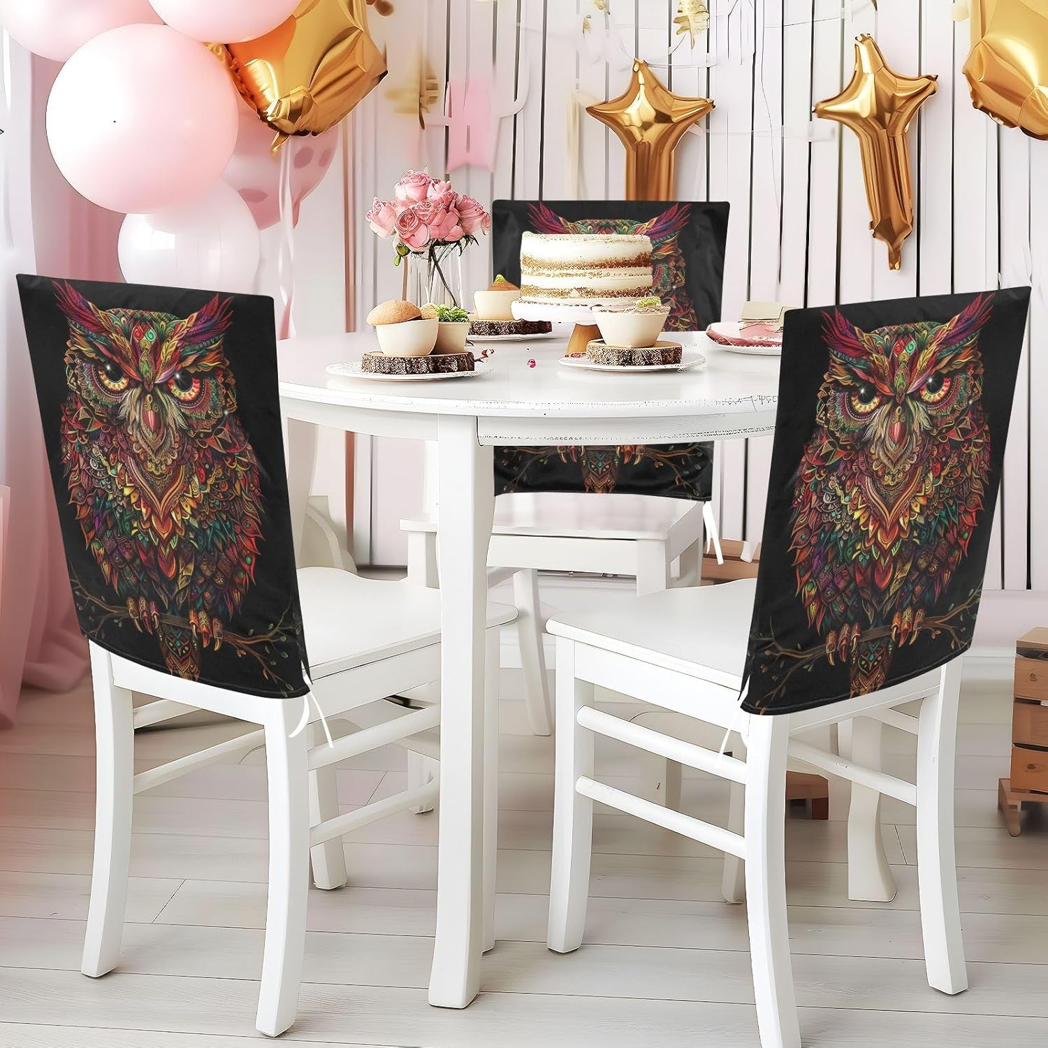 ALAZA Boho Ethnic Owl Chair Back Cover Set of 6, Washable Reusable Removable Chair Slipcovers Decorative Chair Cover for Home Kitchen Wedding Party