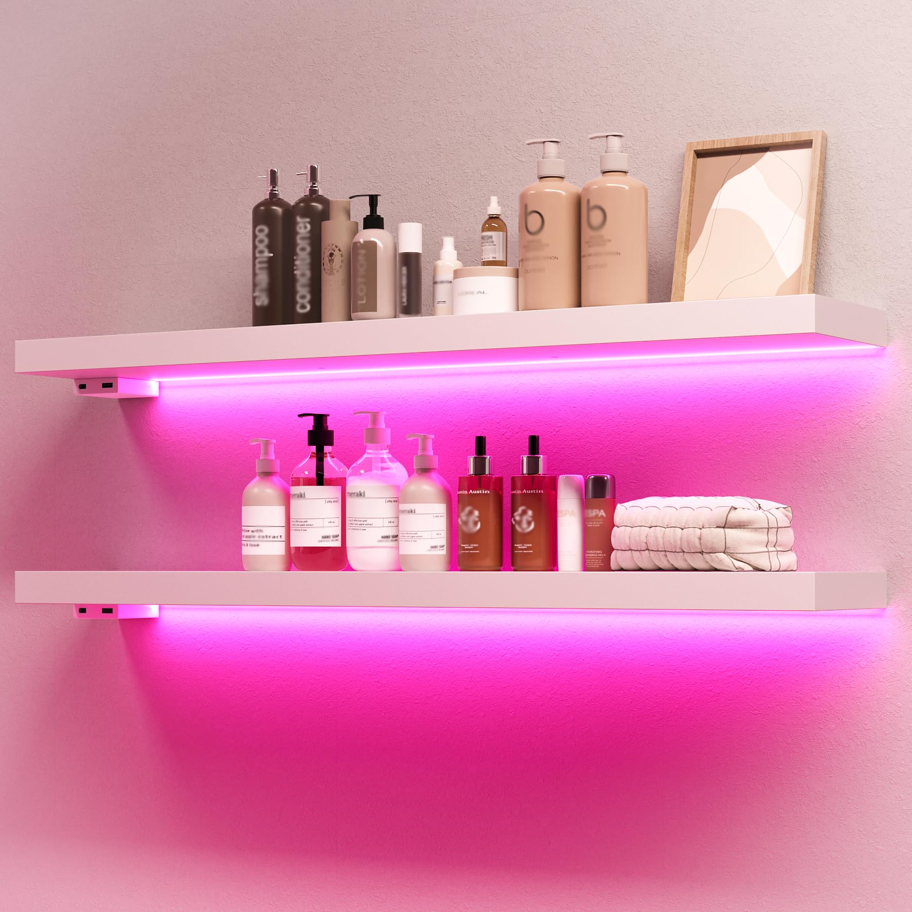 BAMEOS Floating Shelves with RGB LED, 31" Wooden Wall Shelves with Invisible Brackets, Set of 2, Wall Mounted Display Shelves Decoration for Bedroom,