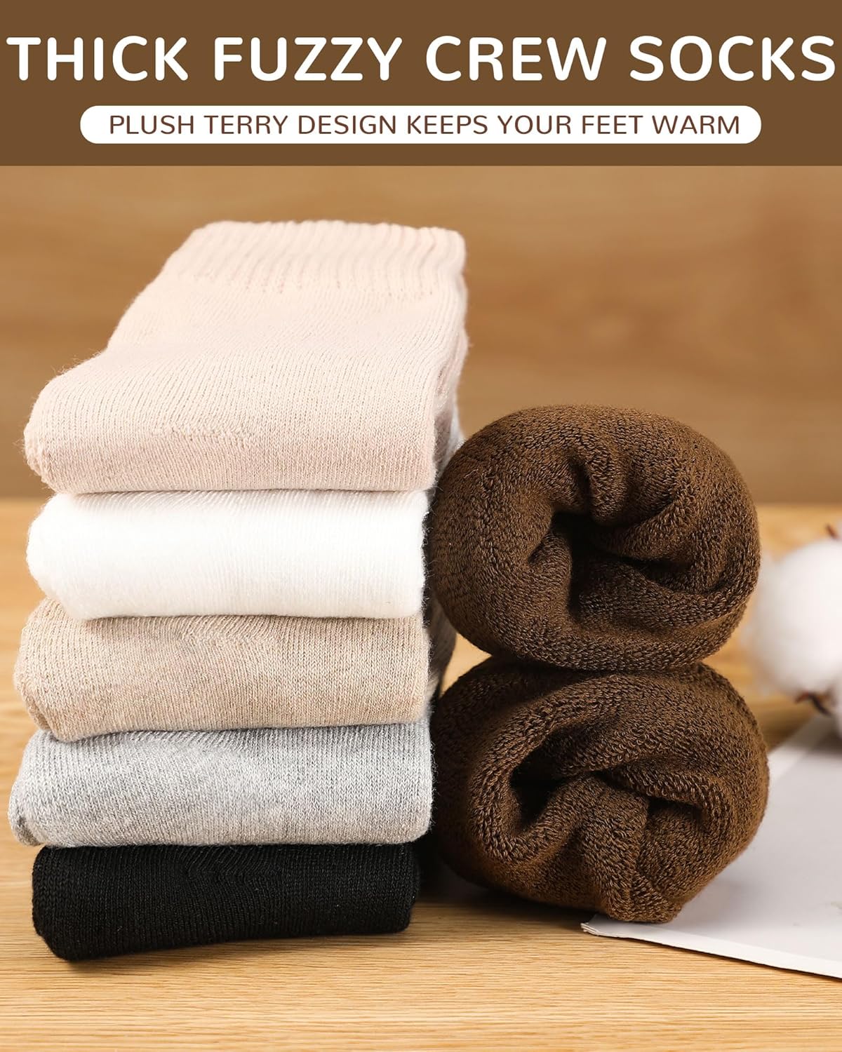 Shihanee 12 Pairs Neutral Socks for Women Fuzzy Thermal Brown Crew Boot Socks Casual Aesthetic Slouch Warmer for Athletic Fall Boot Essentials - Image 4