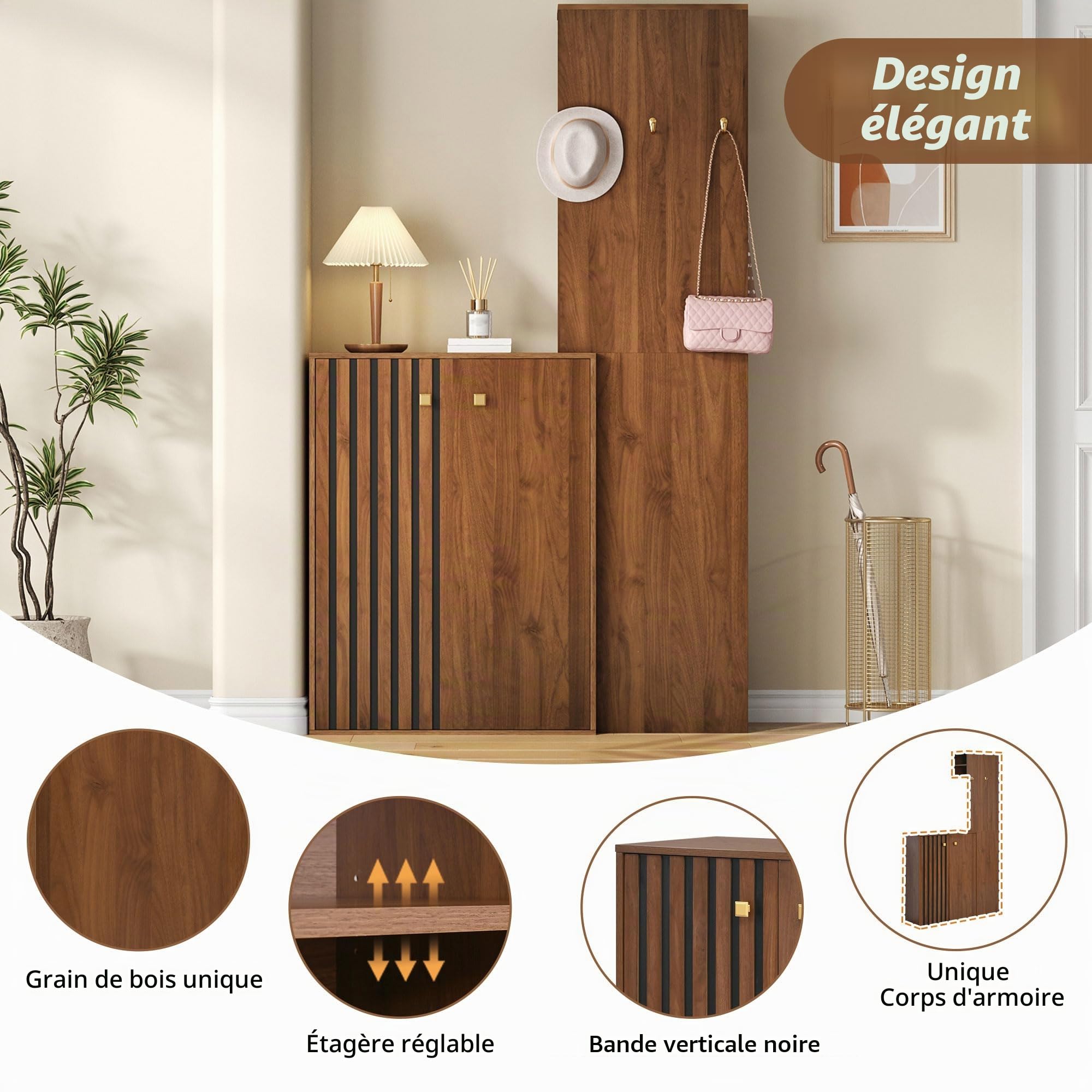 Vestiaire d’Entrée avec Penderie et Rangement Chaussures – Garde-Robe Compacte 115 cm – Meuble Entrée avec Porte-Manteau, Étagères Réglables, Crochets – Noyer