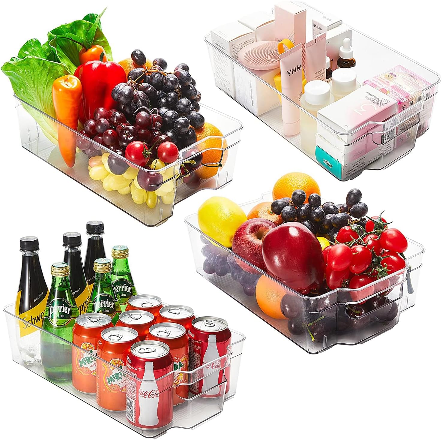 Jinamart Stackable Refrigerator Pantry Organizers with Handles, Large Fridge Bins for Freezers Kitchen Countertops Cabinets Food, BPA Free Clear Plastic Storage Racks, (14.7" Long, 8.5" W), [Set of 4]