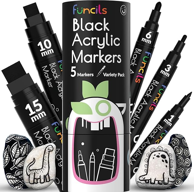 Funcils 5 Acrylic Black Paint Pen - Fine Tip, Thin Point & Jumbo Pens (1mm, 3mm, 6mm, 10mm, 15mm) - Black Paint Marker for Plastic, Canvas, Wood, Rock Painting, Fabric, Tire, Metal, Glass
