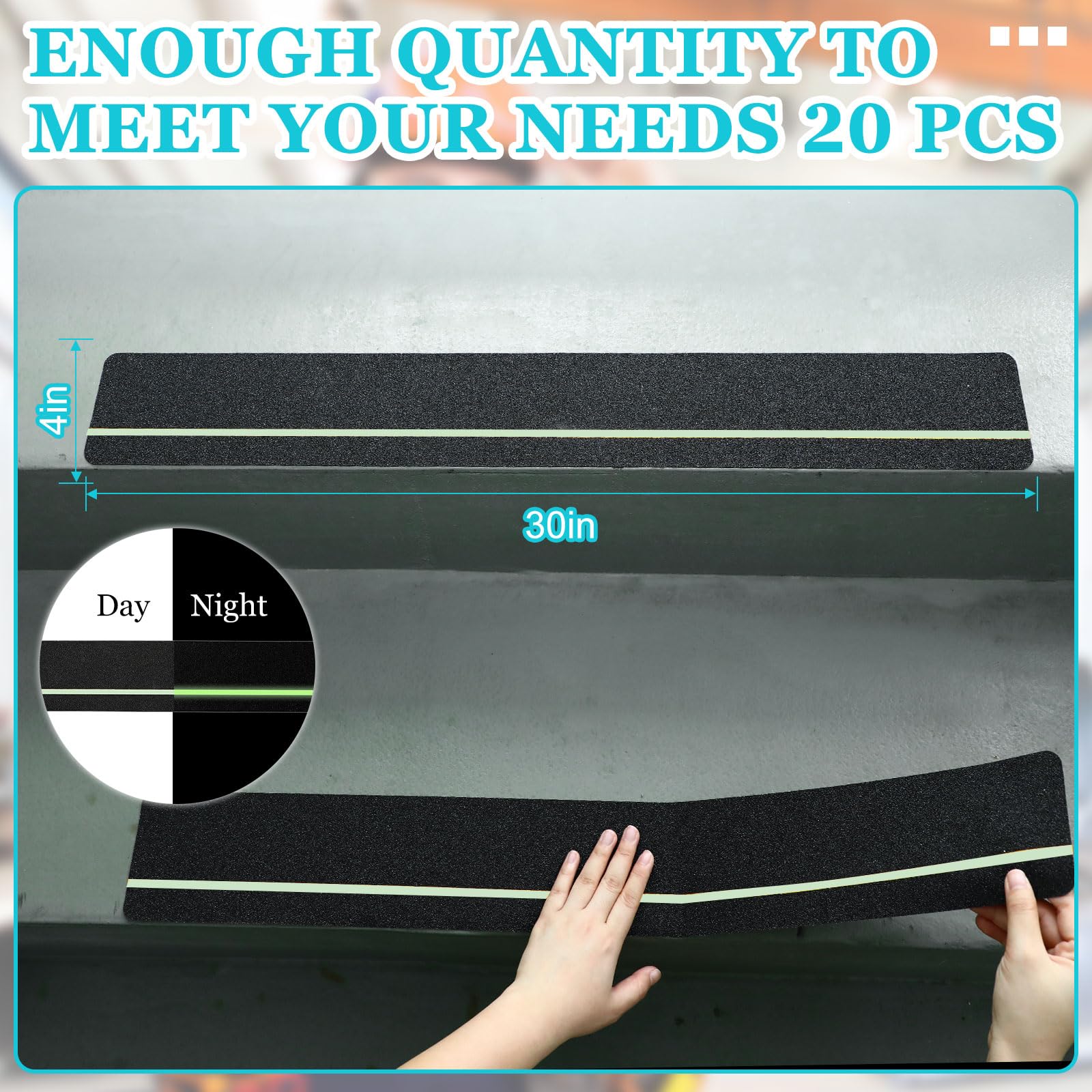 20 peldaños antideslizantes de 4 x 30 pulgadas con agarre de rayas reflectantes, cinta antideslizante adhesiva para exteriores, peldaños de escalera, abrasivos de fricción para escaleras (verde)