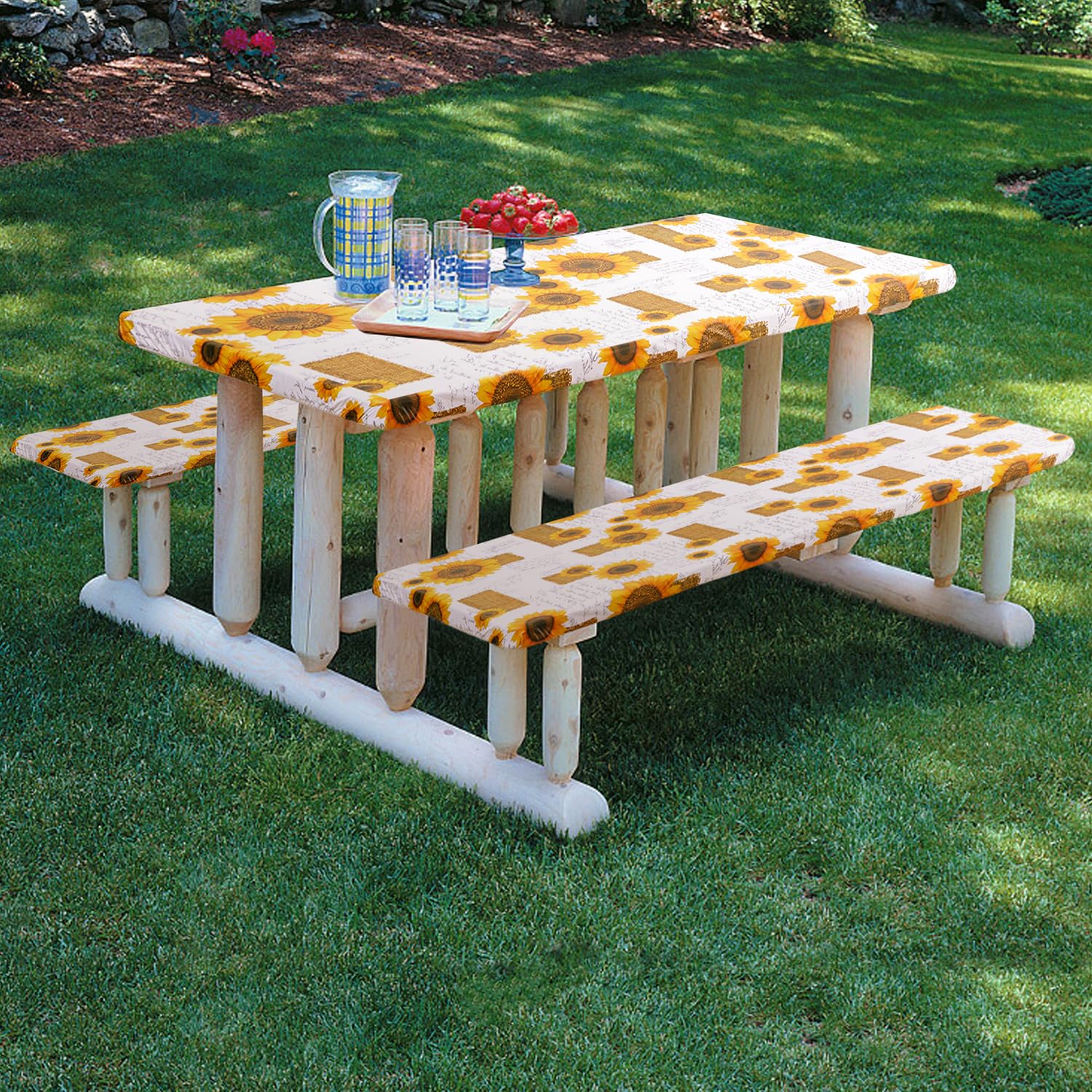 3 Pcs Sunflower Fitted Picnic Table Cover with Bench Covers, Waterproof Outdoor Bench Covers, Vinyl Picnic Tablecloth Elastic Tablecloths for Picnic Tables for Picnic Barbecue Outdoor Family Party