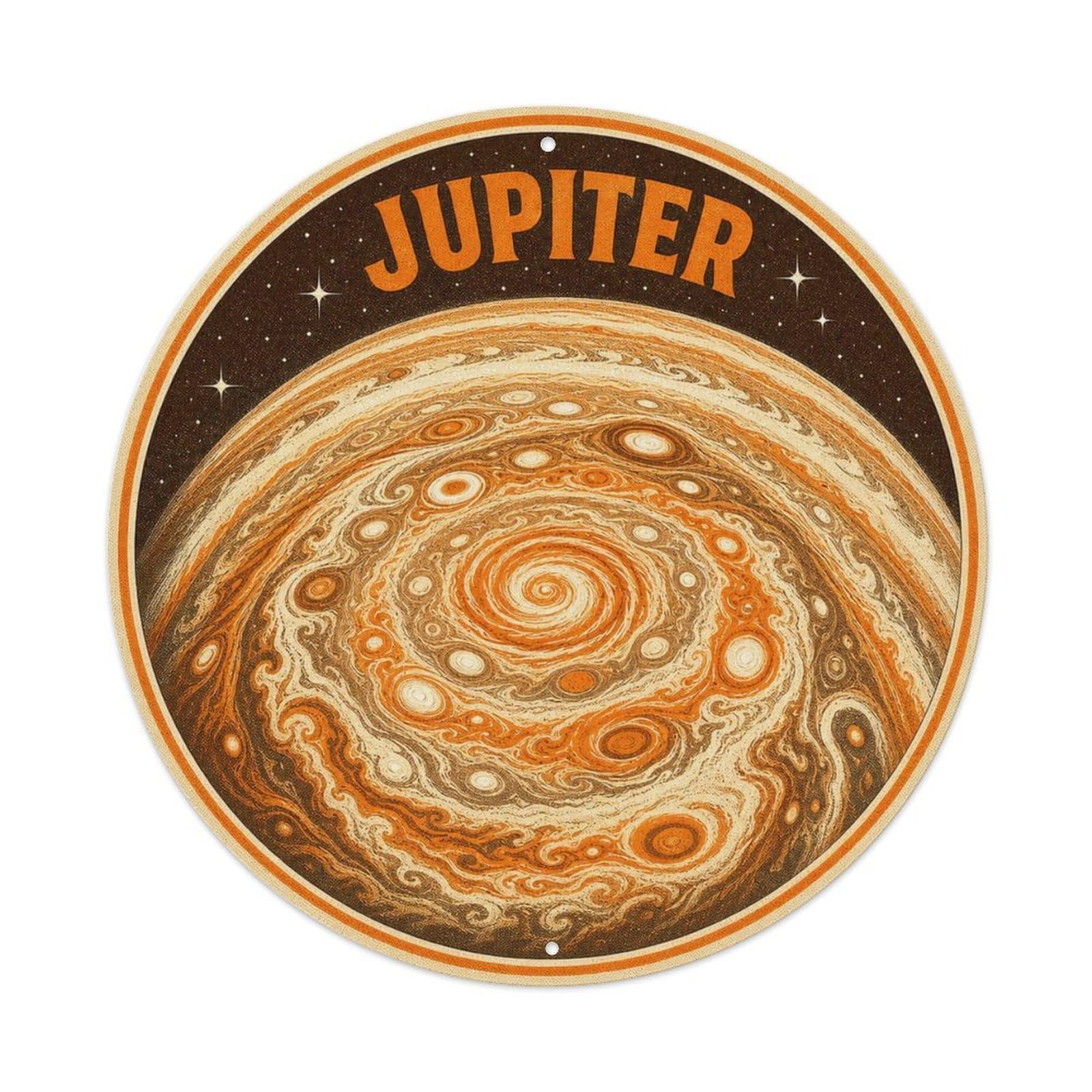 Deep Space Celestial Jupiter Storm Planet Metal Tin Sign Plaque Wall Decor for Cafe, Man Cave, Club Bar, Office, Home Garden Round Metal Poster 8x8Inch