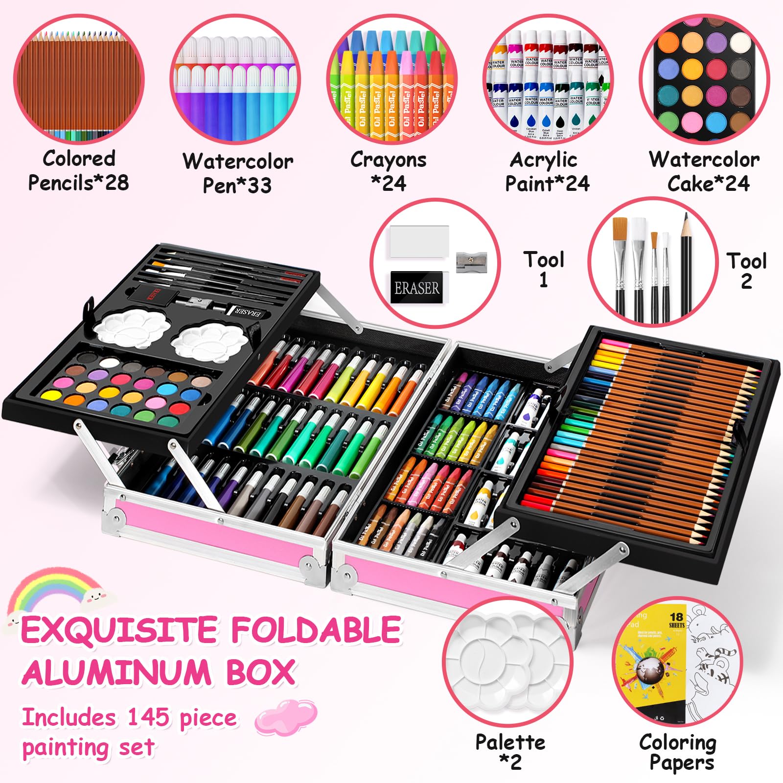 Spardar Art Set for Kids, 145 Premium Aluminium Art Case Z Ołówkami Do Szkicowania Kredki Do Kolorowania Zestaw Farb Akwarelowych, MateriałY Artystyczne Zestawy Malarskie Dla Dzieci Nastolatki