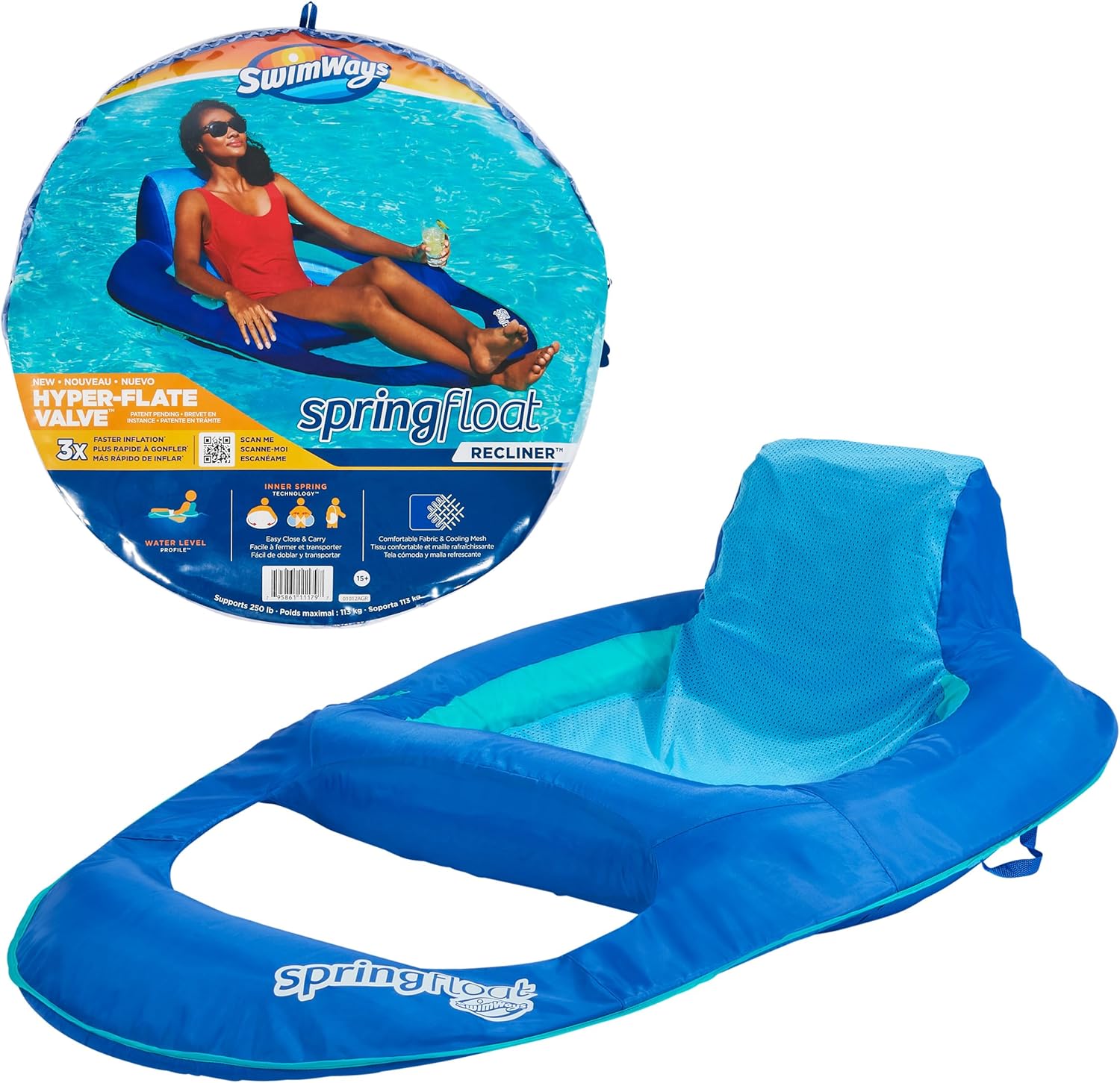 SwimWays Spring Float Premium Recliner Pool Lounger, Inflatable Pool Floats Adult with Fast Inflation for Ages 15 & Up, Sky Blue