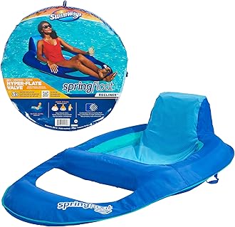 SwimWays Spring Float Recliner Chair for Swimming Pool, Inflatable Pool Floats Adult with Fast Inflation, Cup Holder & Foot Rest for Ages 15 & Up, Blue
