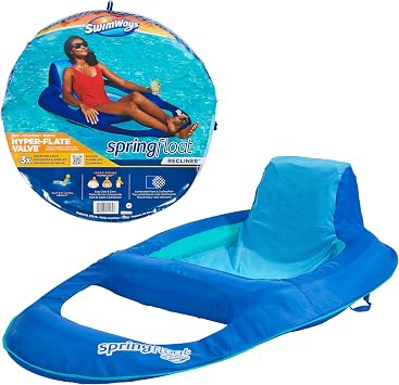 SwimWays Spring Float Recliner Chair for Swimming Pool, Inflatable Pool Floats Adult with Fast Inflation, Cup Holder & Foot Rest for Ages 15 & Up, Blue