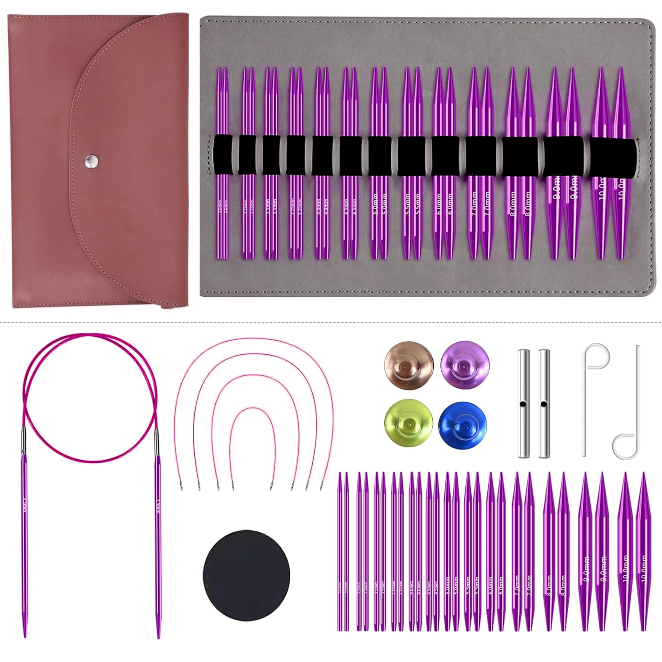 Fotn Purple Interchangeable Knitting Needles|Circular Needle Set|13 Pairs 3Mm - 10Mm|For Beginners And Advanced Knitters|Ergonomic|