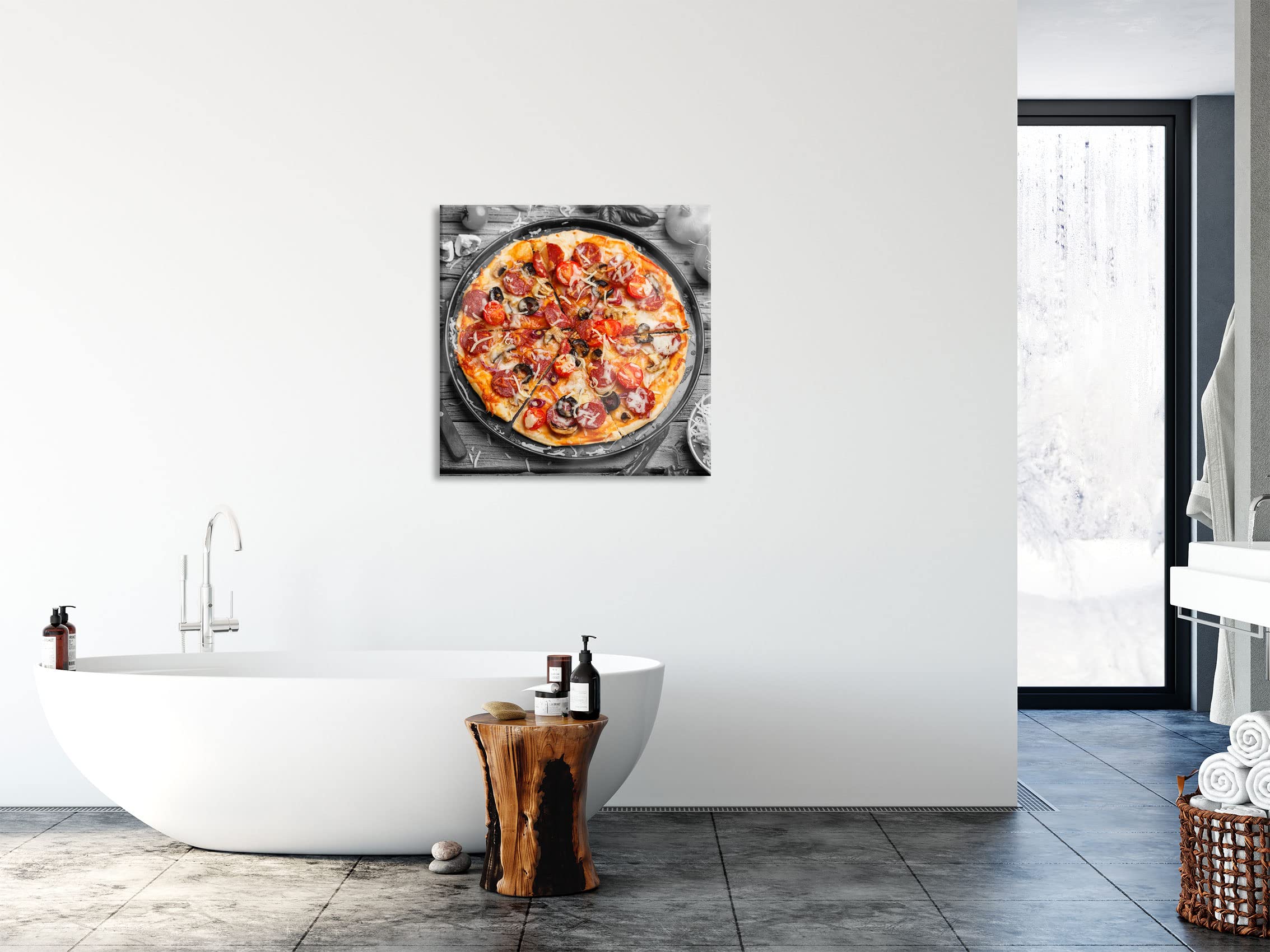Pixxprint Glasbild, Wandbild auf Echtglas, Pizza auf Pizzablech, 80x80 cm, inkl. Aufhängung und Abstandshalter