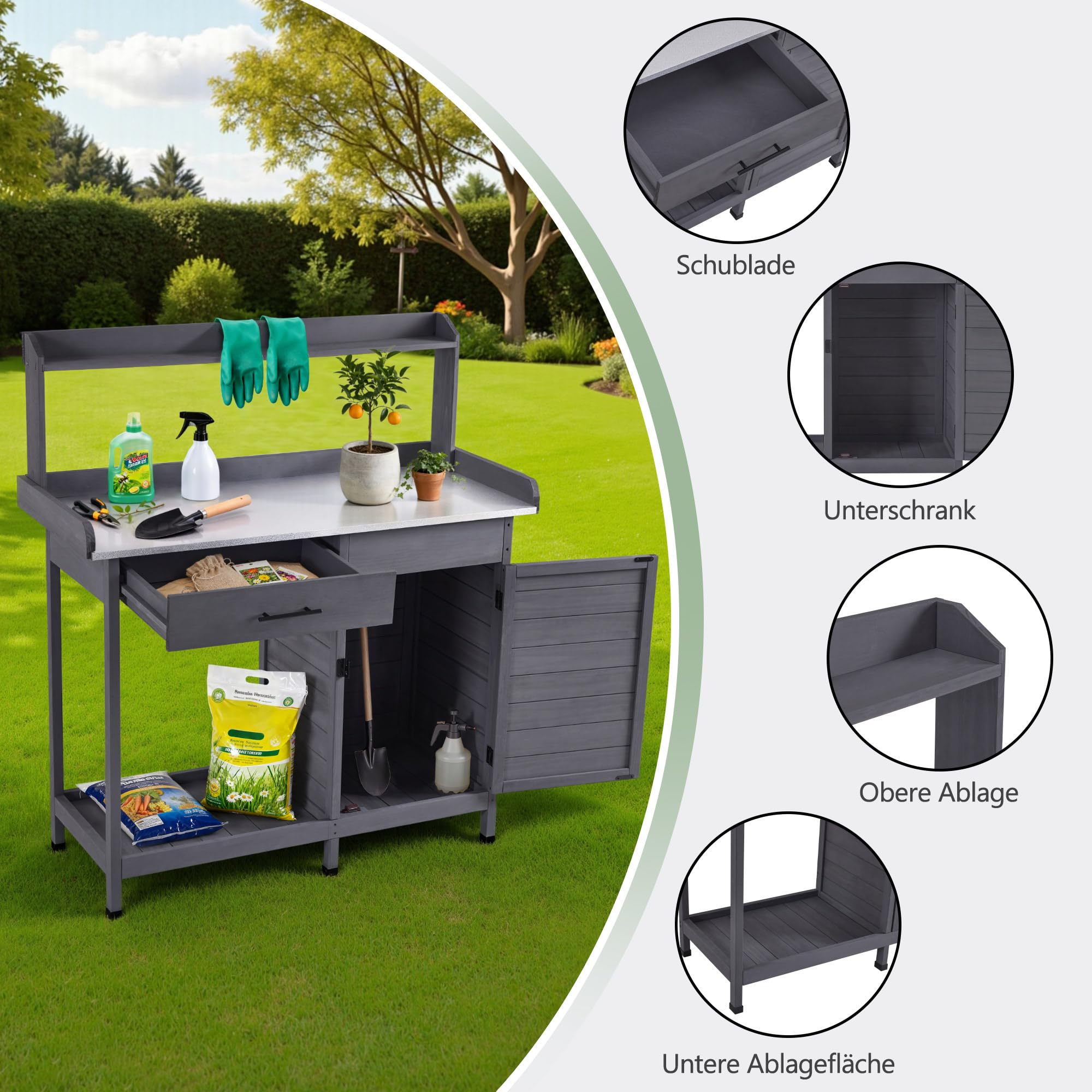 M MCombo Pflanztisch mit Schublade, Ablage, Verzinkter Arbeitsplatte & Schrank, Gärtnertisch Wetterfest mit 3 Haken, Blumentisch Massivholz für Garten, Balkon & Terrasse, 48 x112 x 126 cm, 0440 (Grau)