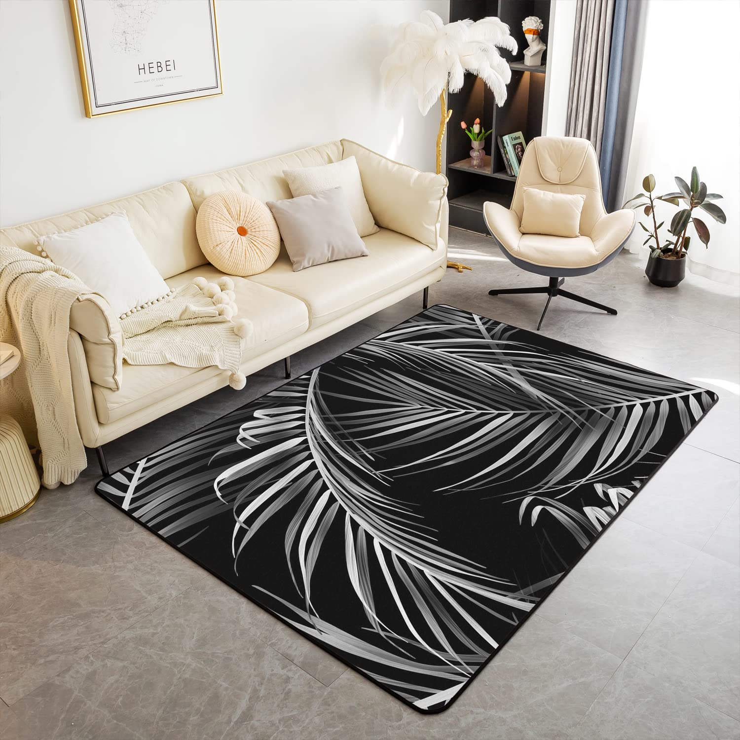 5'x7' Palm Tree Area Rug Floor Mat Rugs for Living Room Bedroom Decor Fluffy Soft Flannal Black White Carpet Rug,Soft Decorative Carpet