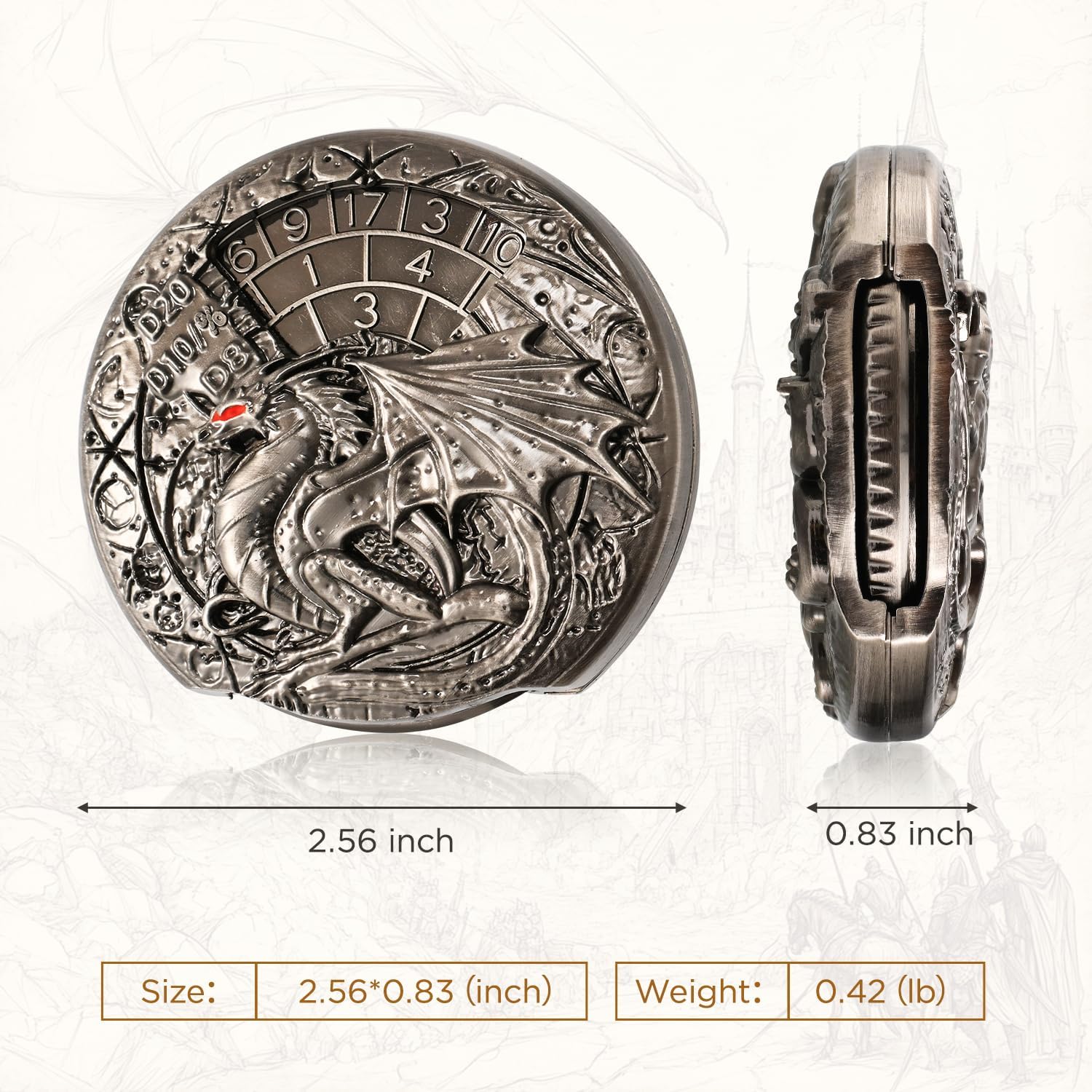 GiGiGuGu 7-in-1 Spinner Dice – Metal DND Dice Set with Dragon Coin Design, Roulette Style for Tabletop RPGs, Fantasy Game Gift for Dungeons and Dragons（Silver）