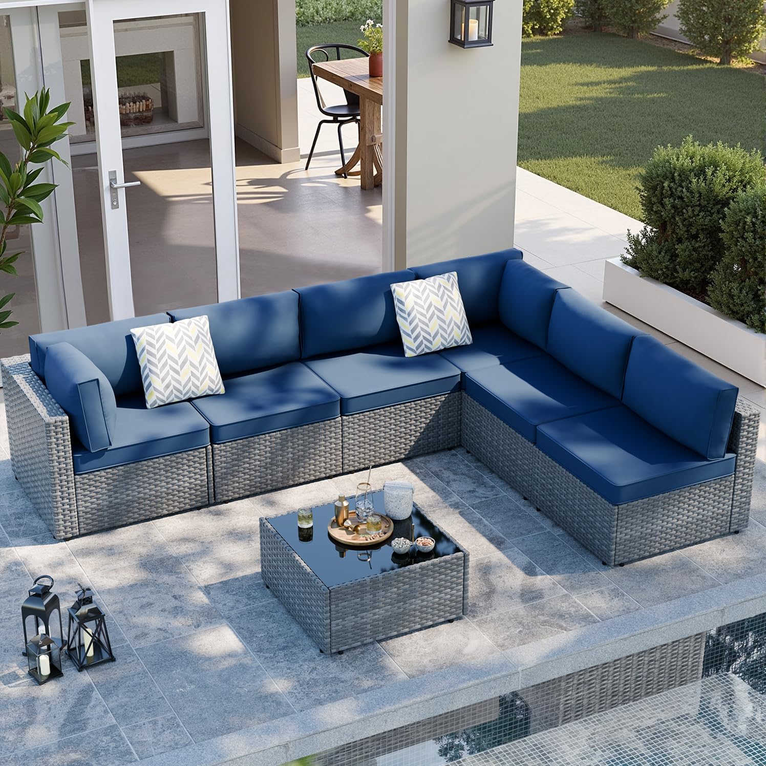 SUNLEI 7pcs Patio Conversation Sets Outdoor Furniture Sets, High Back All-Weather Rattan Sectional Sofa with Tea Table&Washable Couch Cushions(Silver