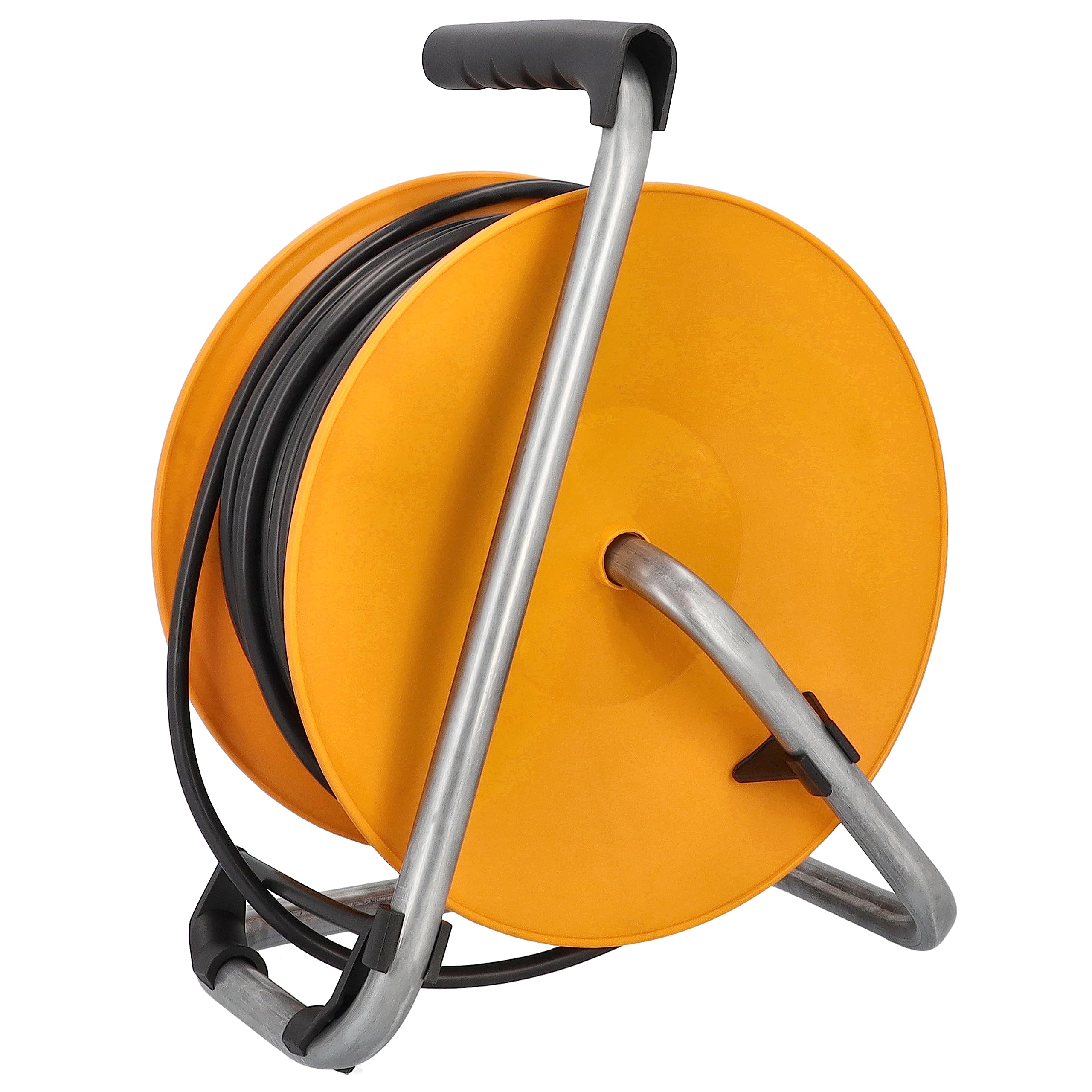 as - Schwabe bęben kablowy 50 m, kabel przedłużający, 4 gniazda wpuszczane NF 230V / 16A & wtyk ochronny, zwijacz kabla, IP44, pomarańczowy, Made in Germany, 811481