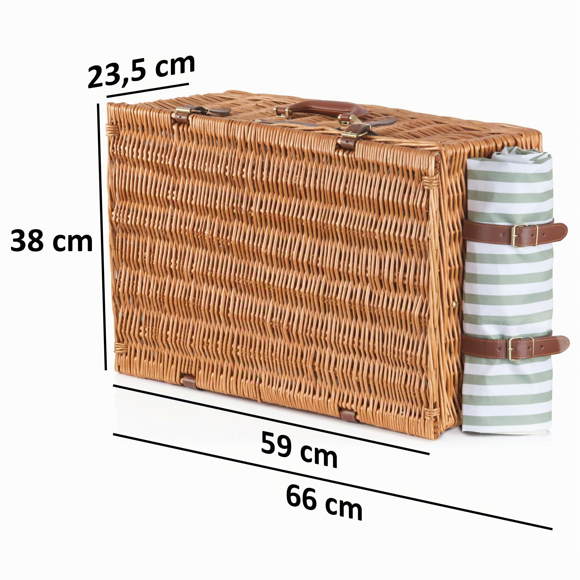 CampFeuer Panier de pique-nique pour 4 personnes avec set de vaisselle et compartiment isotherme | 29 pièces | Valise de pique-nique avec motif intérieur rayé | Panier en osier avec sangles en cuir