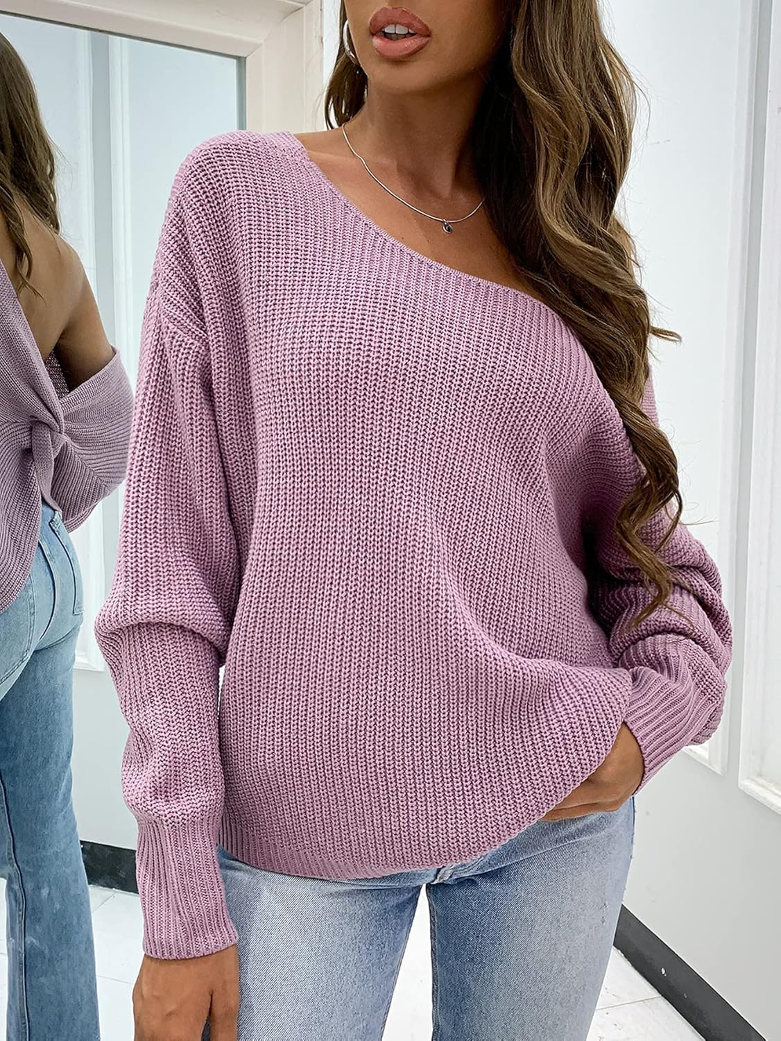 Women's Sweater Twist Front Drop Shoulder Sweater Sweater for Women (Color : Lilac Purple, Size : Medium)