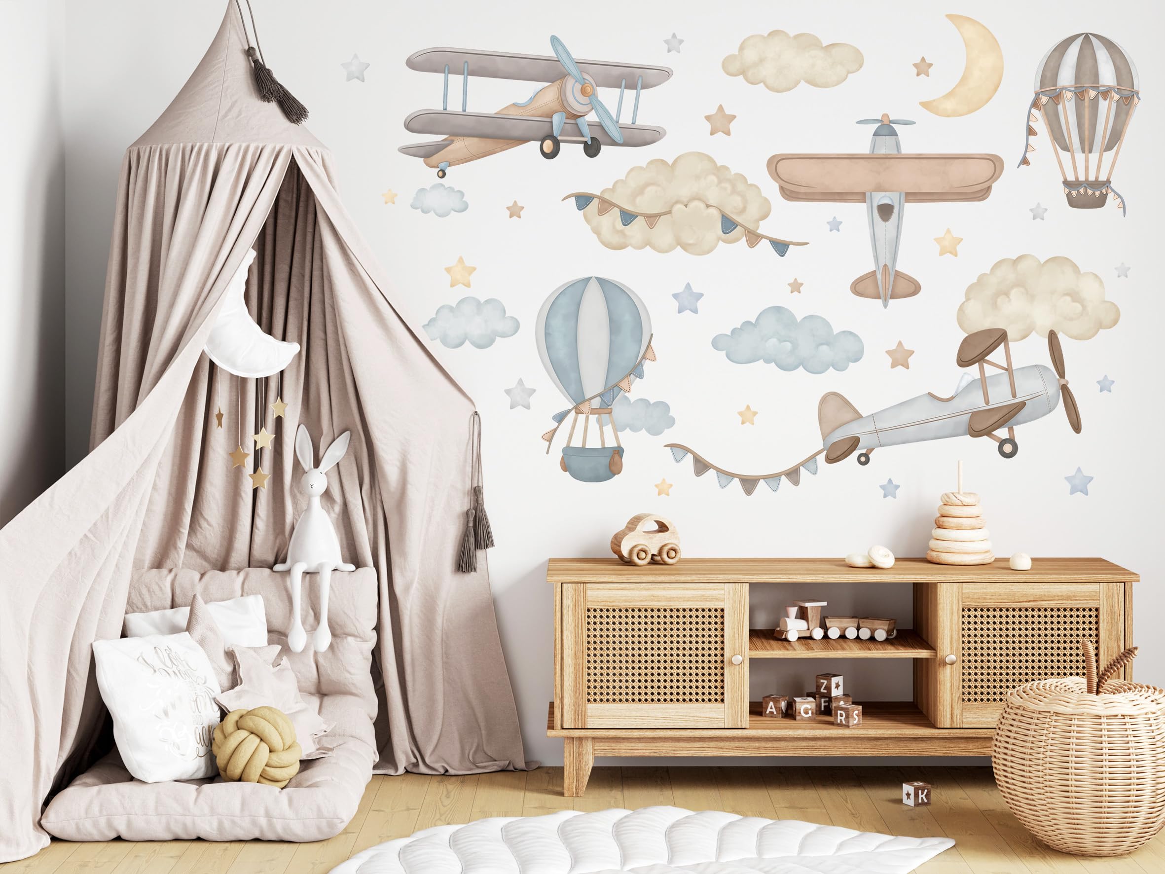 Vinilos Infantiles - Vinilos Decorativos - No Tóxicos, Seguros - Decoración Dormitorio - Aviones, globos, estrellas, nubes, azul - L - 34pzs